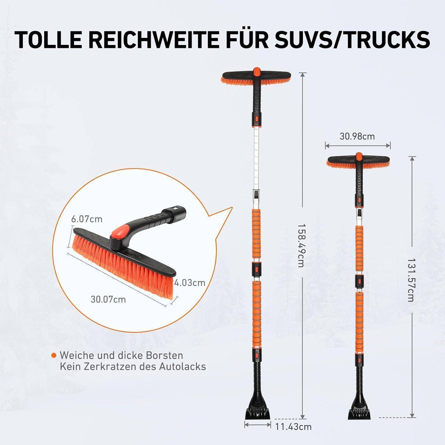 Das Bild zeigt eine ausziehbare Reinigungsbürste für SUVs/Lastkraftwagen mit Maßangaben. Die Bürste verfügt über weiche Borsten, um Kratzer am Auto zu vermeiden.