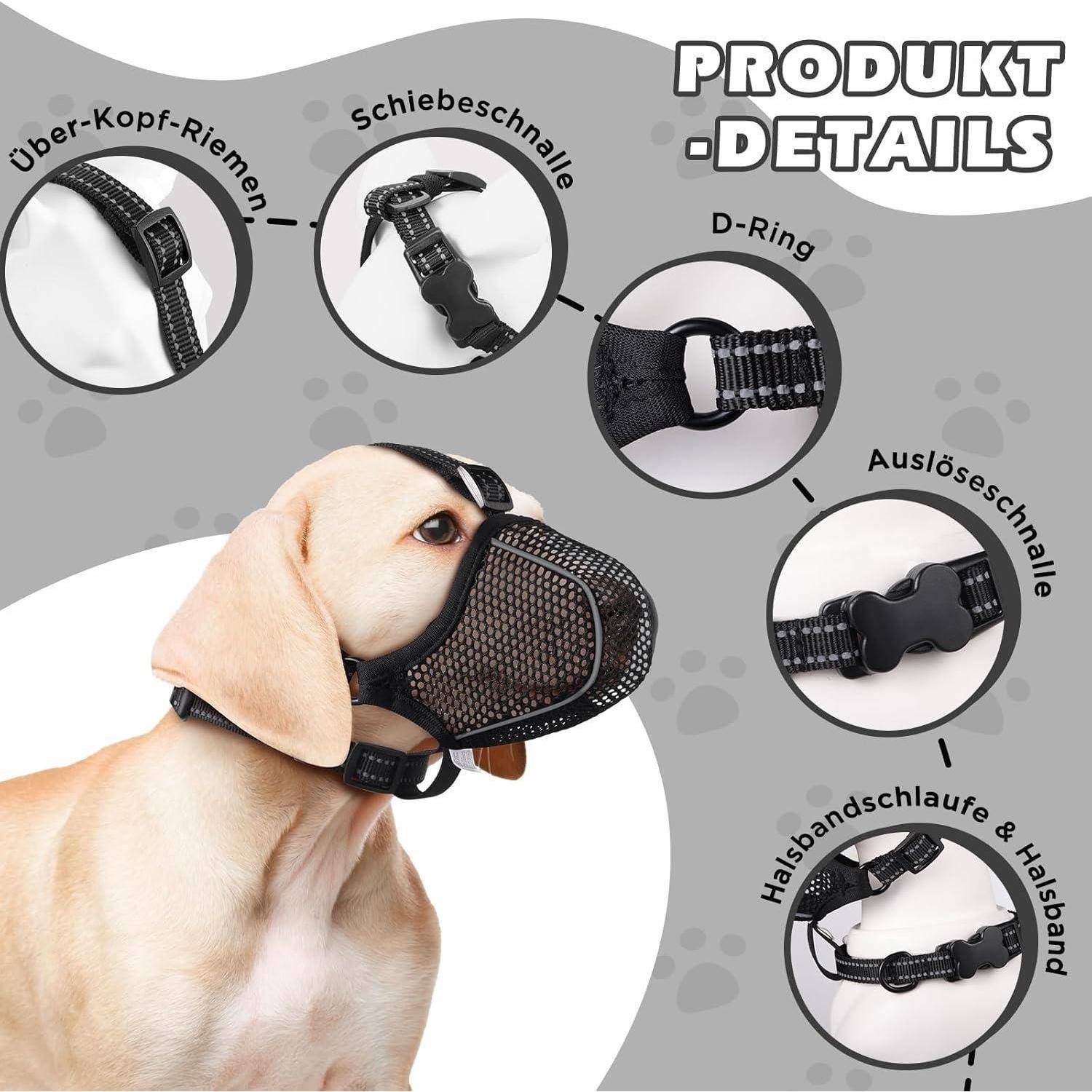 Ein Hund trägt einen schwarzen Maulkorb. Um ihn herum befinden sich sechs kreisförmige Bilder, die Merkmale wie Riemen, Schnalle und D-Ring hervorheben. Deutsche Beschriftungen sind vorhanden.