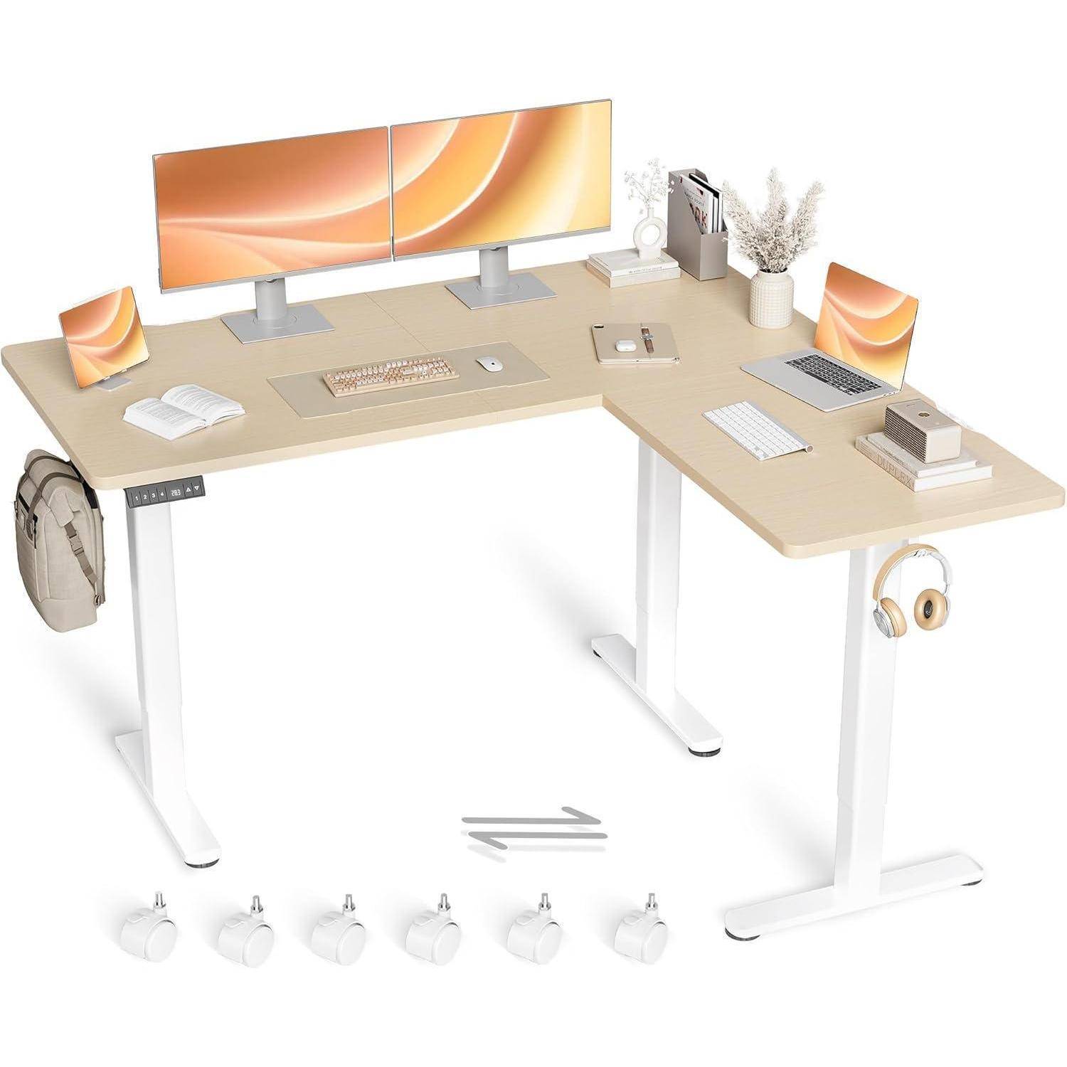Claiks Eckschreibtisch Höhenverstellbar 160x140cm mit Dual-Motor, L Form Höhenverstellbarer Schreibtisch auf Rollen, L-förmiger Schreibtisch, Beige