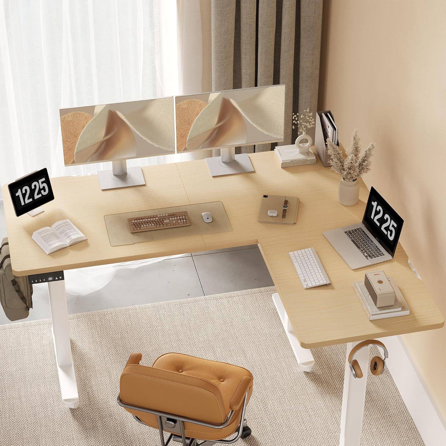 Claiks Eckschreibtisch Höhenverstellbar 160x140cm mit Dual-Motor, L Form Höhenverstellbarer Schreibtisch auf Rollen, L-förmiger Schreibtisch, Beige