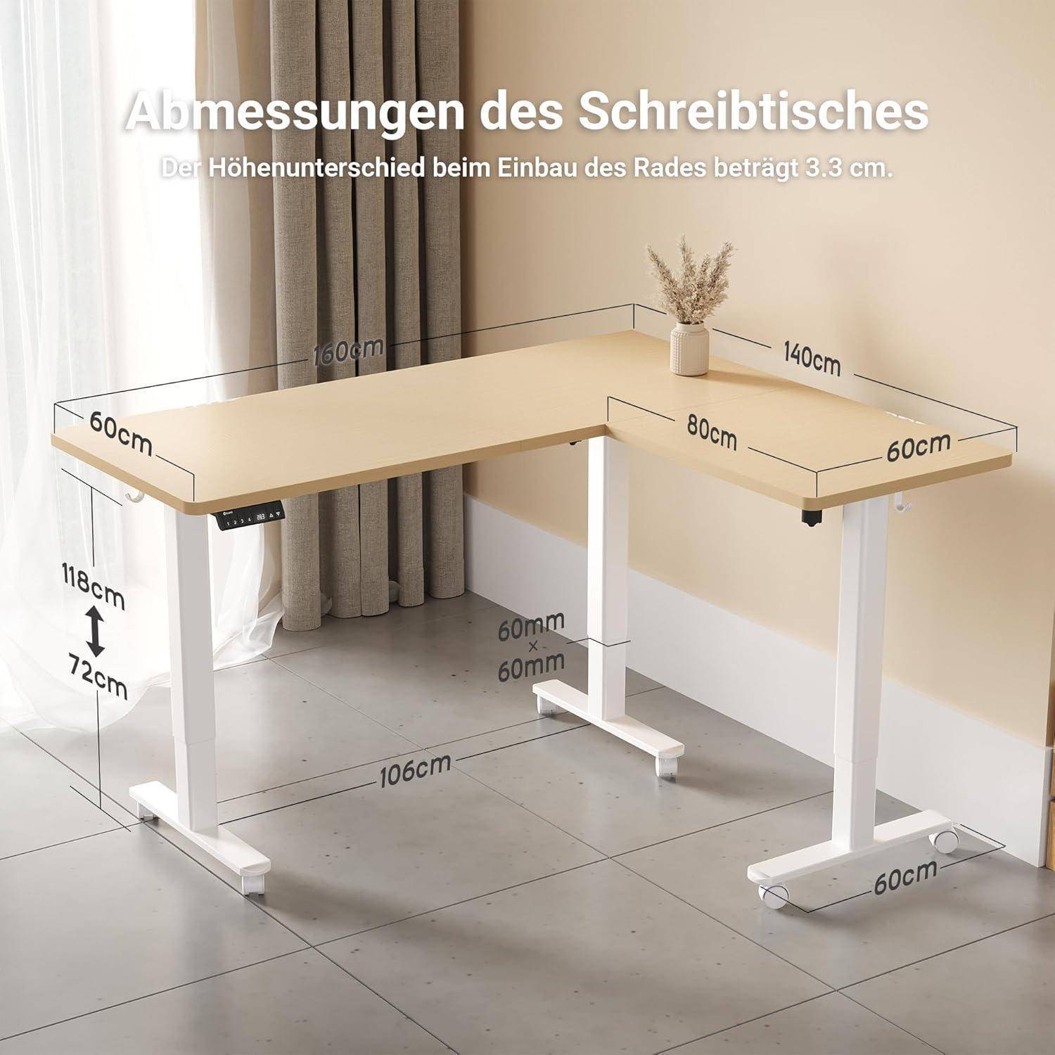 Claiks Eckschreibtisch Höhenverstellbar 160x140cm mit Dual-Motor, L Form Höhenverstellbarer Schreibtisch auf Rollen, L-förmiger Schreibtisch, Beige