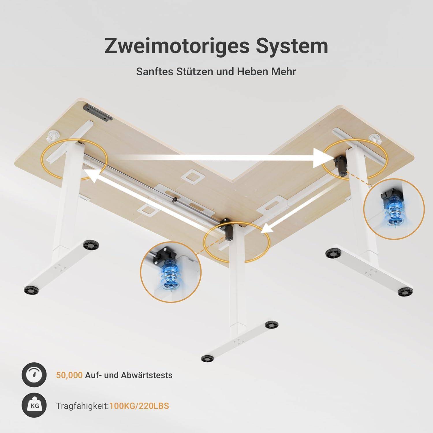 Claiks Eckschreibtisch Höhenverstellbar 160x140cm mit Dual-Motor, L Form Höhenverstellbarer Schreibtisch auf Rollen, L-förmiger Schreibtisch, Beige