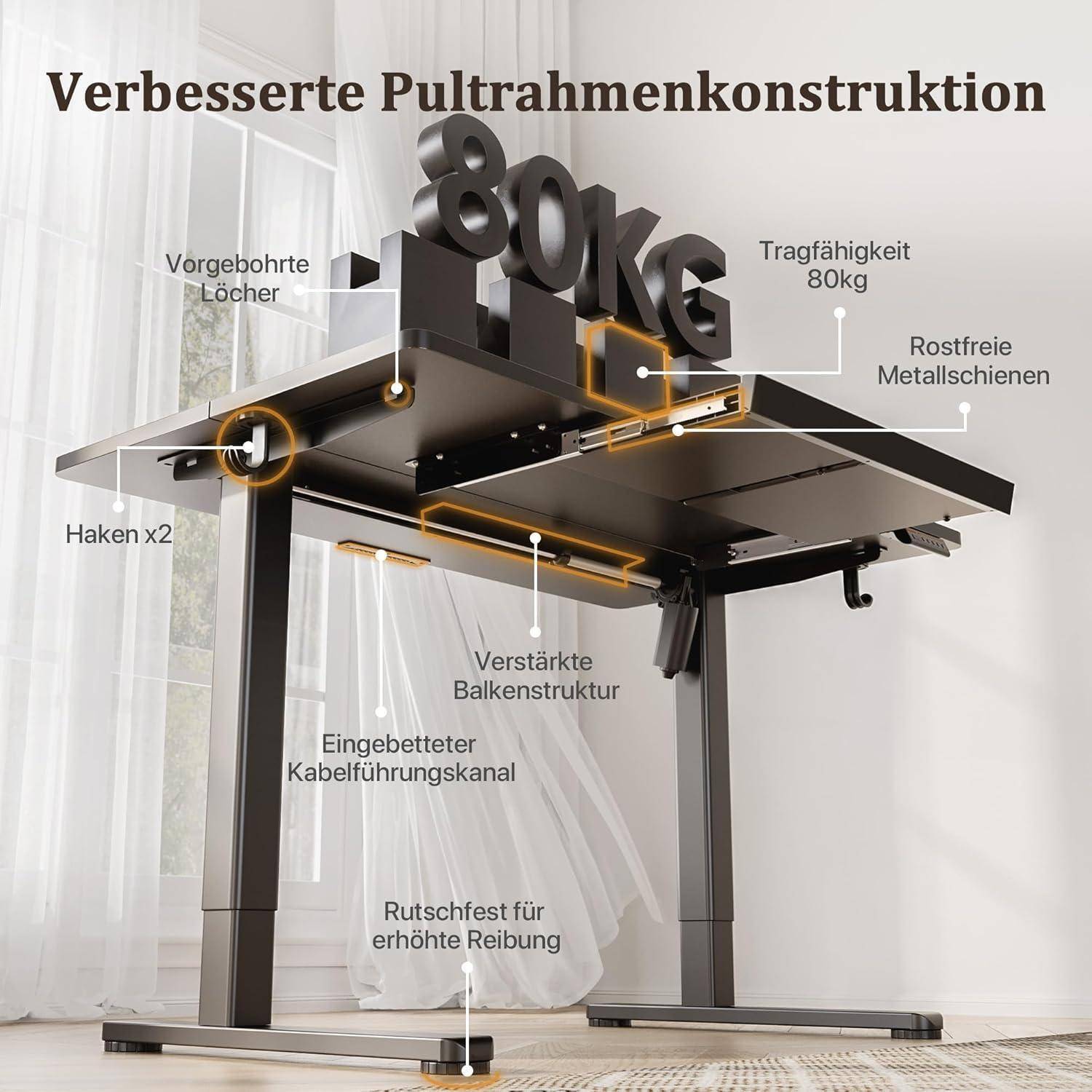 Höhenverstellbarer Schreibtisch mit folgenden Funktionen: '80 kg Tragfähigkeit', vorgebohrte Löcher, verstärktes Gestell, integriertes Kabelmanagement, Haken, rutschfeste Füße.