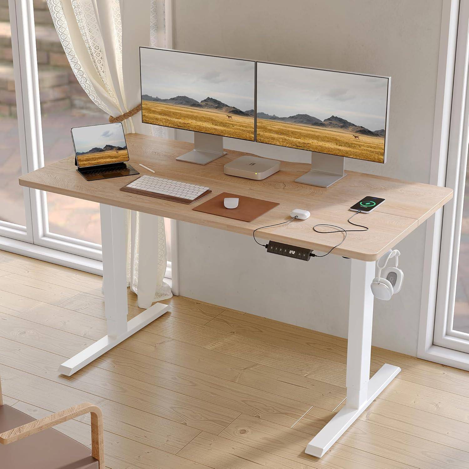 FEZIBO Höhenverstellbarer Schreibtisch mit USB-A und USB-C-Ladeanschlüssen, 100 x 60 cm Steh-Sitz Tisch, Schreibtisch Höhenverstellbar Elektrisch