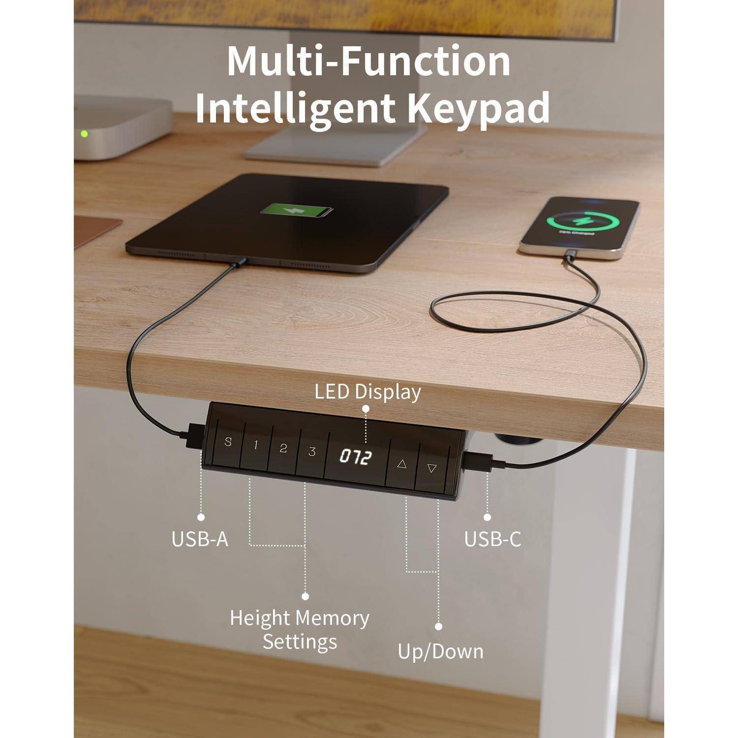 FEZIBO Höhenverstellbarer Schreibtisch mit USB-A und USB-C-Ladeanschlüssen, 100 x 60 cm Steh-Sitz Tisch, Schreibtisch Höhenverstellbar Elektrisch