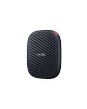 Schwarzes kompaktes tragbares SanDisk-Speichergerät mit strukturierter Vorderseite und rotem Akzent oben.