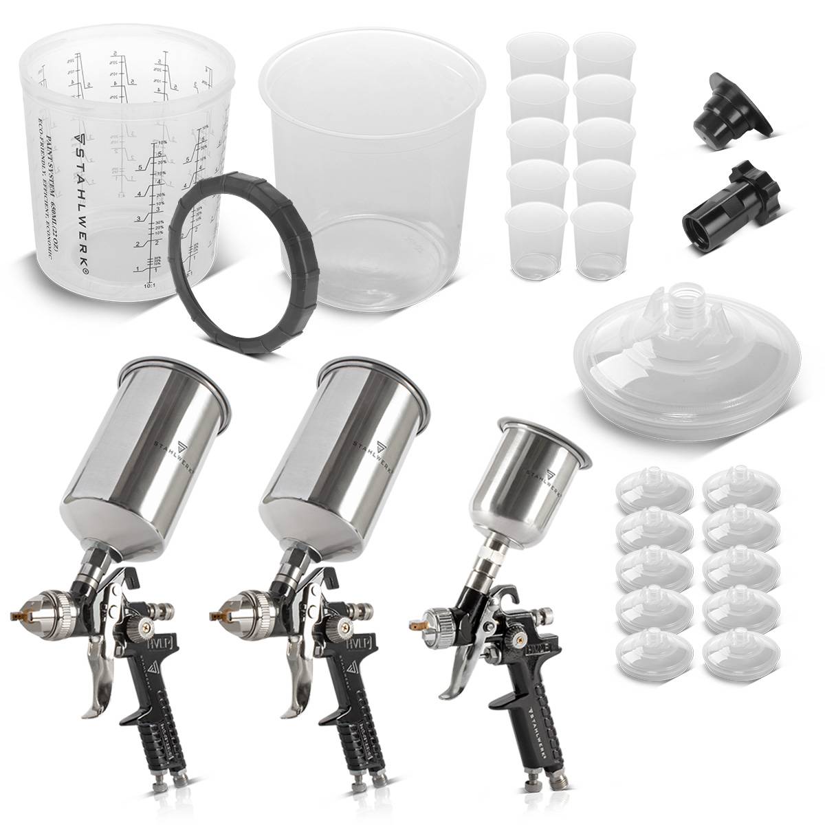 STAHLWERK Lackierer-Set 3 HVLP Spritzpistole mit 25 Mischbecher 650 ml