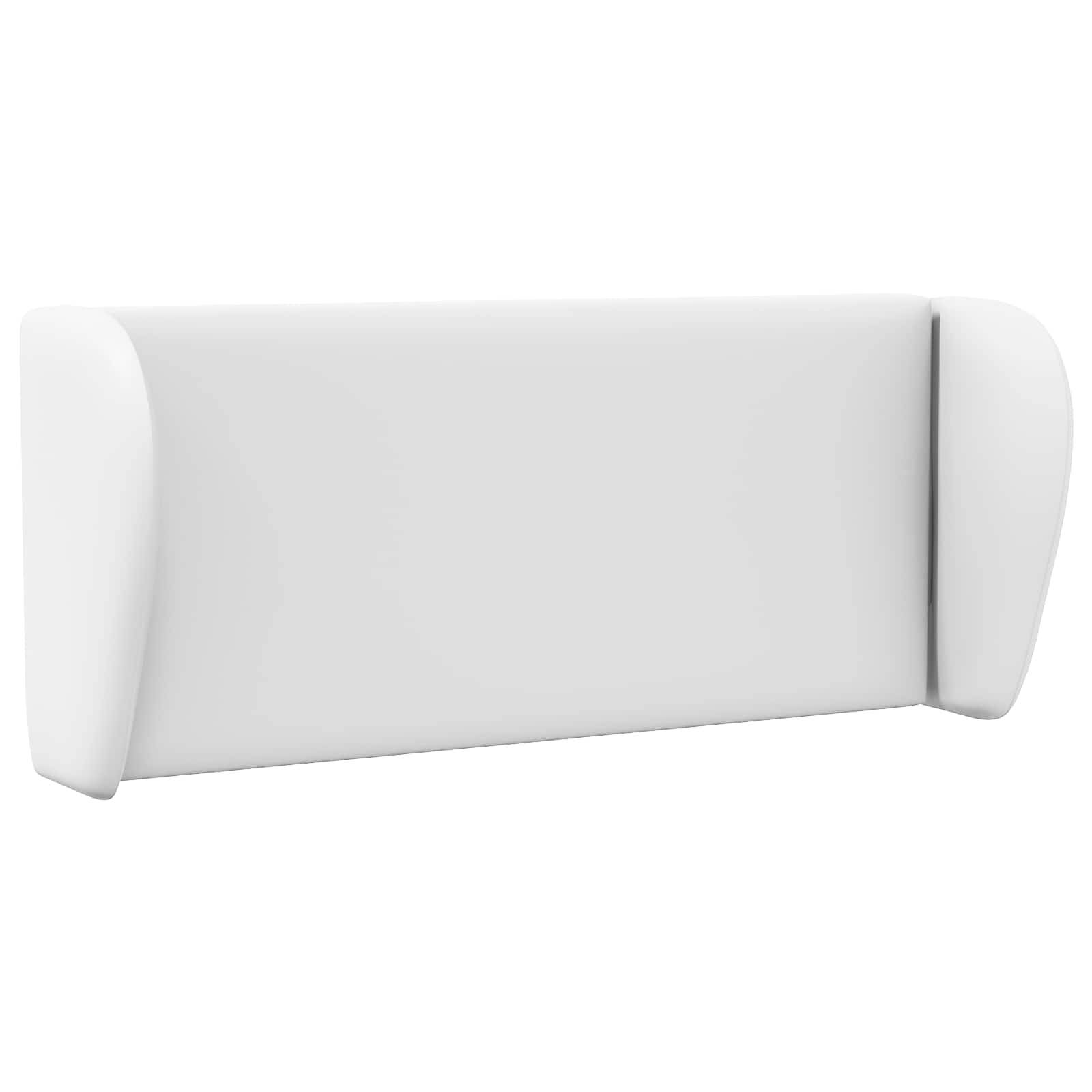 Ein einfaches, weißes rechteckiges Objekt mit leicht gewölbten Seiten, das einem minimalistischen Kopfteil oder gepolsterten Panel ähnelt.