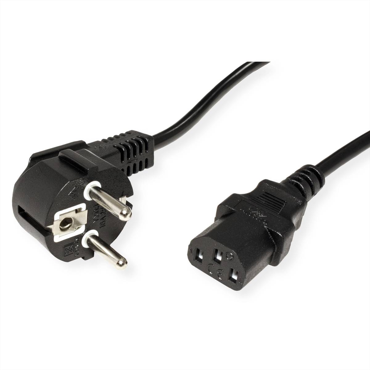 Ein europäischer Schuko-Stecker auf der einen Seite, gepaart mit einem C13-Stromstecker auf der anderen Seite, verwendet zum Anschluss von Geräten an Stromquellen.
