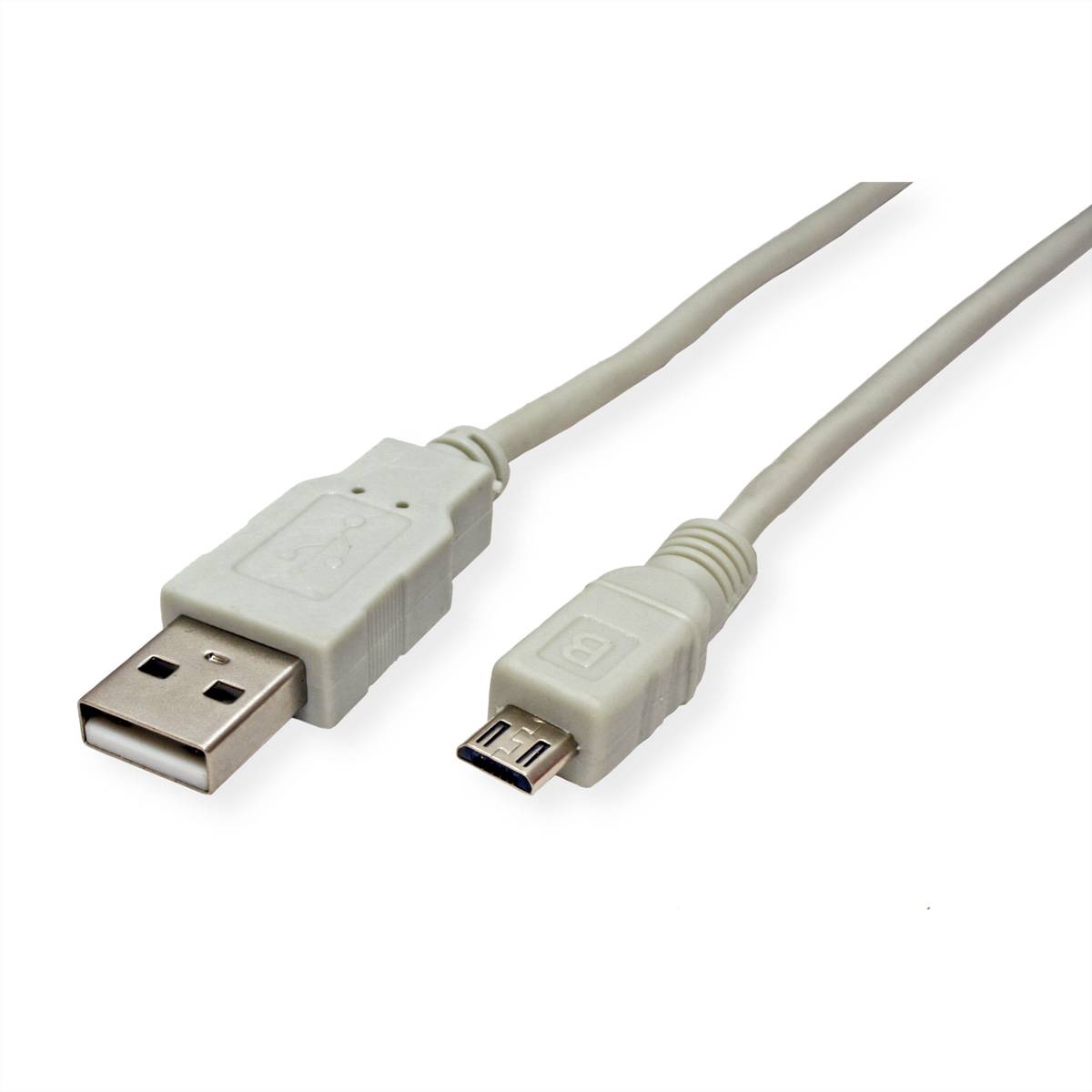 Ein weißes USB-zu-Micro-USB-Kabel mit Anschlüssen an jedem Ende, das zum Laden und zur Datenübertragung verwendet wird.