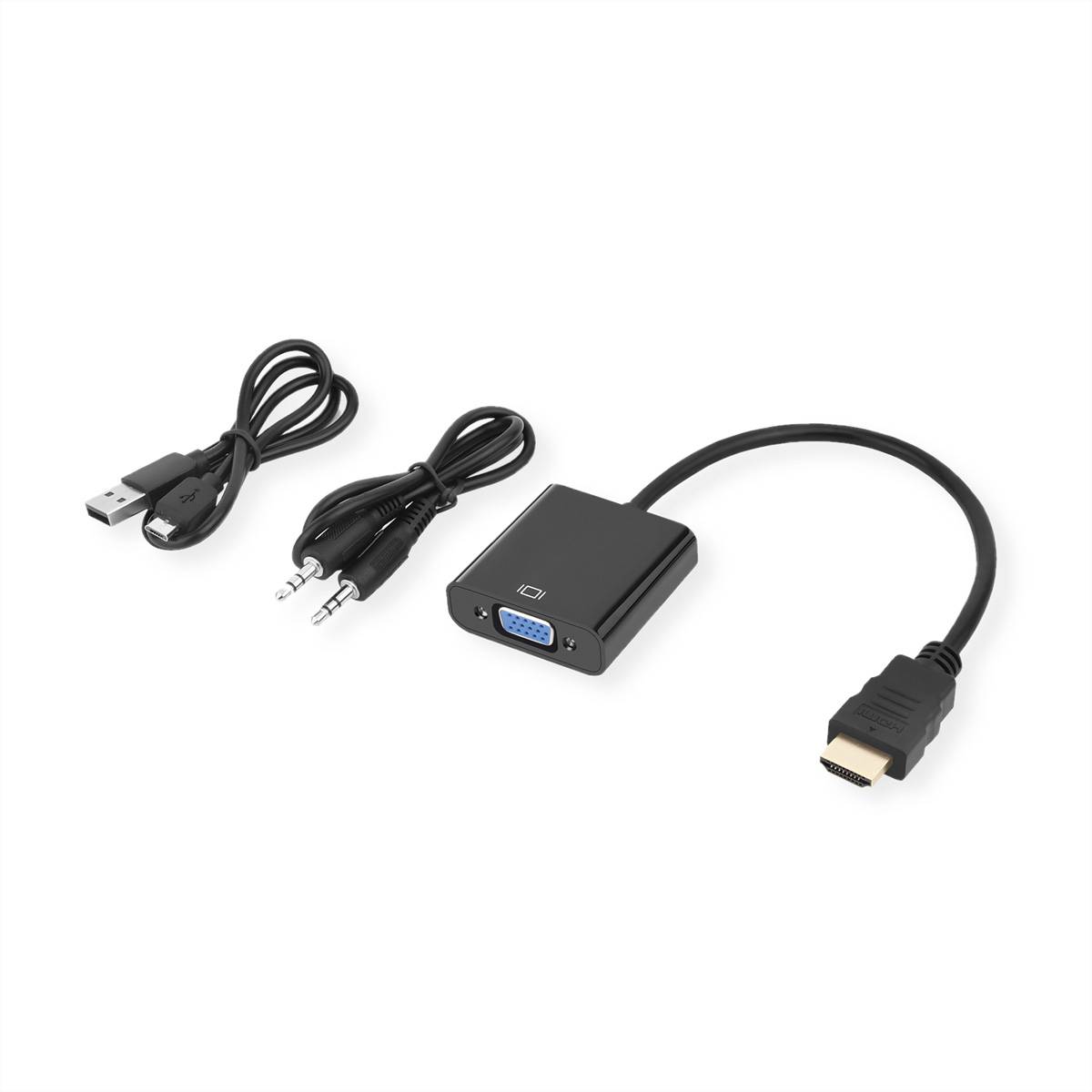 HDMI-zu-VGA- und Audio-Adapter-Set mit enthaltenen USB-Stromversorgung und Audio-Kabeln.