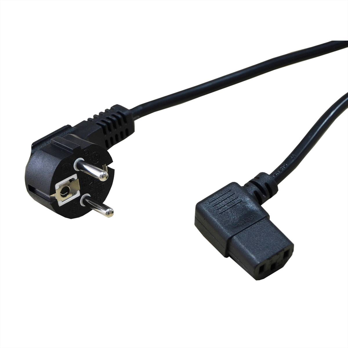 Schwarzes Stromkabel mit europäischem zweipoligem Stecker an einem Ende und rechtwinkliger weiblicher Buchse am anderen Ende.
