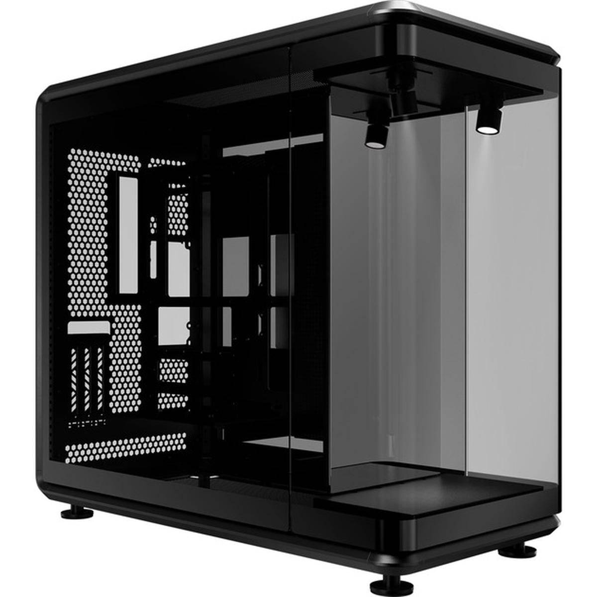 Schwarzes Computergehäuse mit transparentem Seitenpanel aus gehärtetem Glas, das das geräumige Innere und die Kabelmanagement-Funktionen zur Schau stellt.