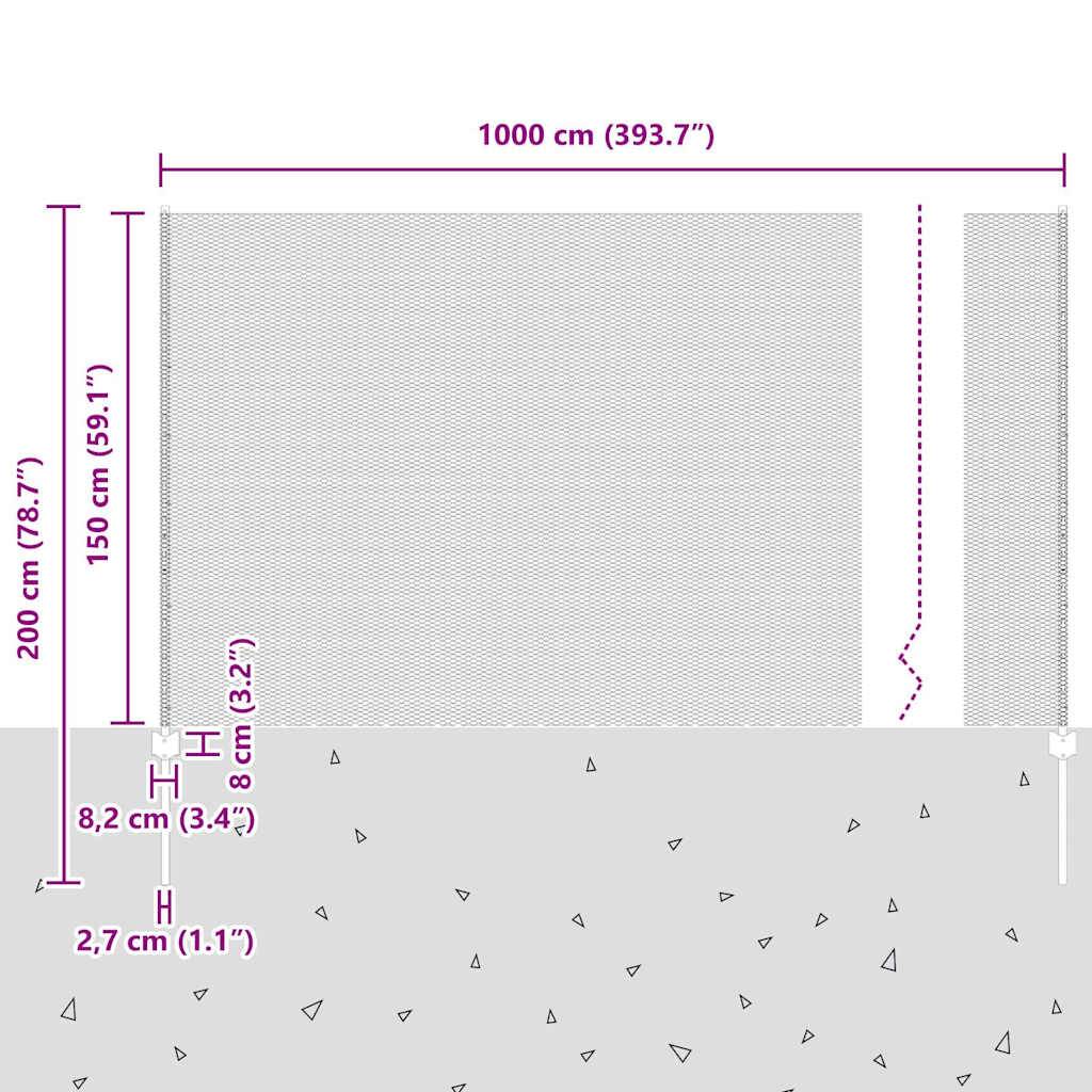 Technisches Diagramm eines Zauns oder einer Sichtschutzwand mit Abmessungen: 1000 cm Breite, 200 cm Gesamthöhe, davon 150 cm über der Erde und 50 cm unter der Erde.
