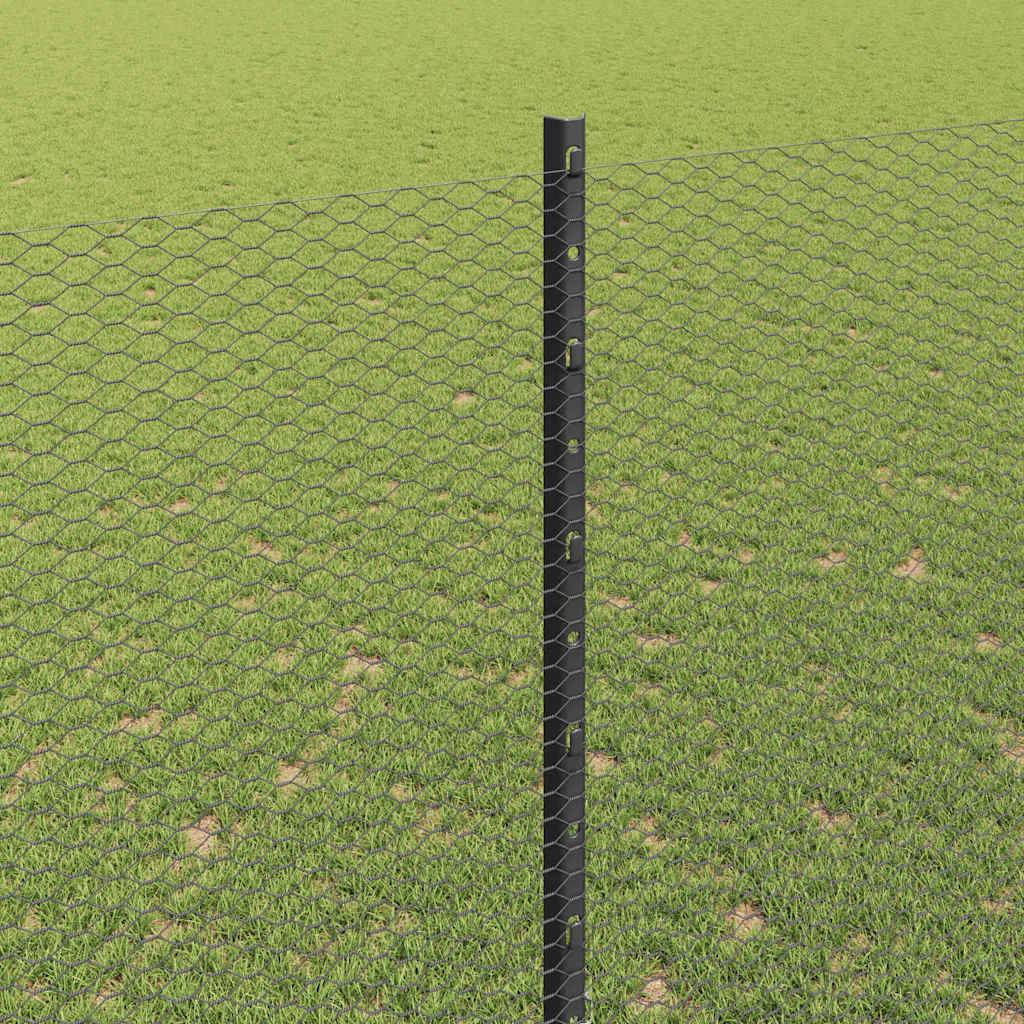 Schwarzer Maschendrahtzaun mit Metallpfosten auf einer Grasfläche