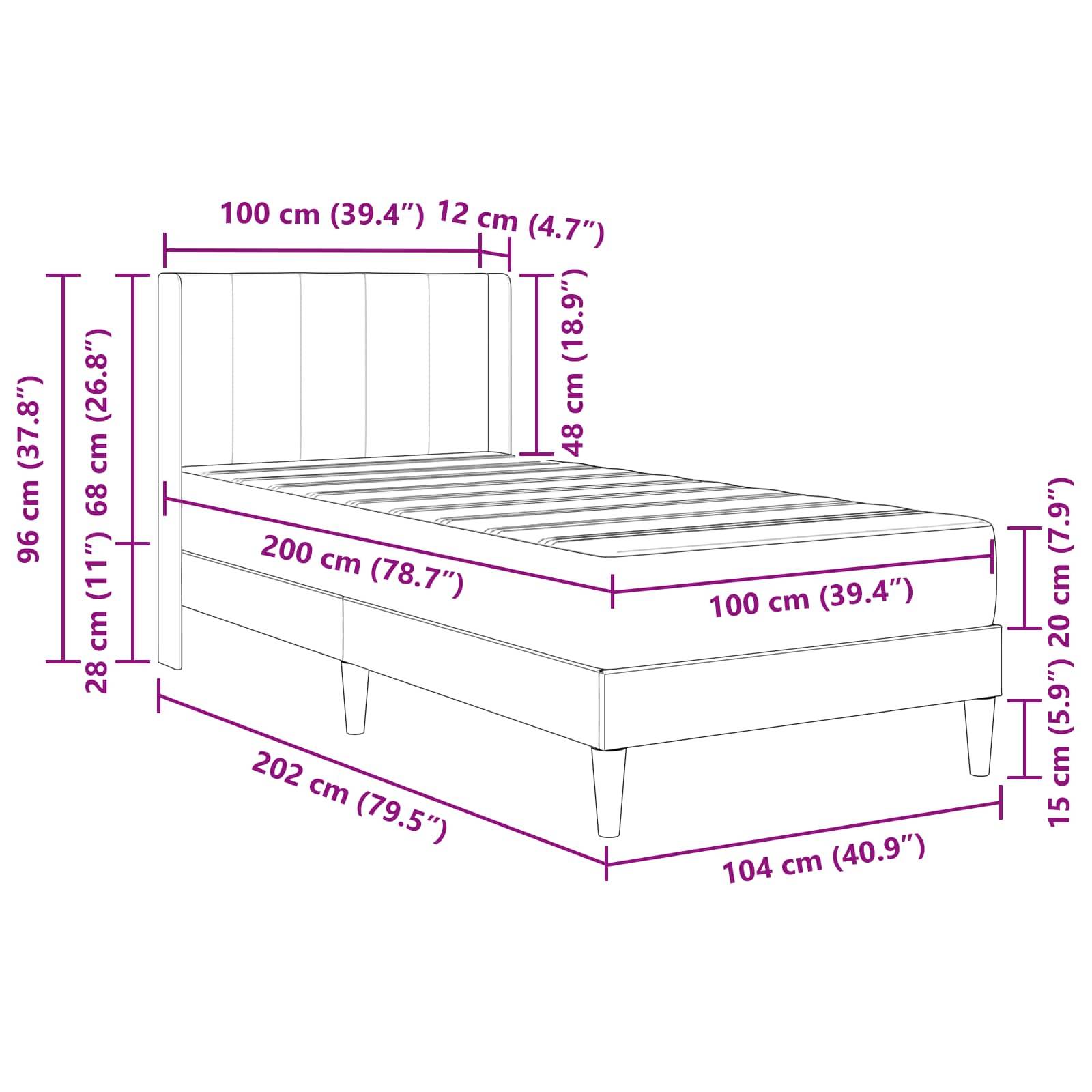 Eine Linienzeichnung eines Betts mit annotierten Abmessungen: 202 cm Länge, 104 cm Breite, 96 cm Kopfteichhöhe, 28 cm Unterraum-Freiraum.