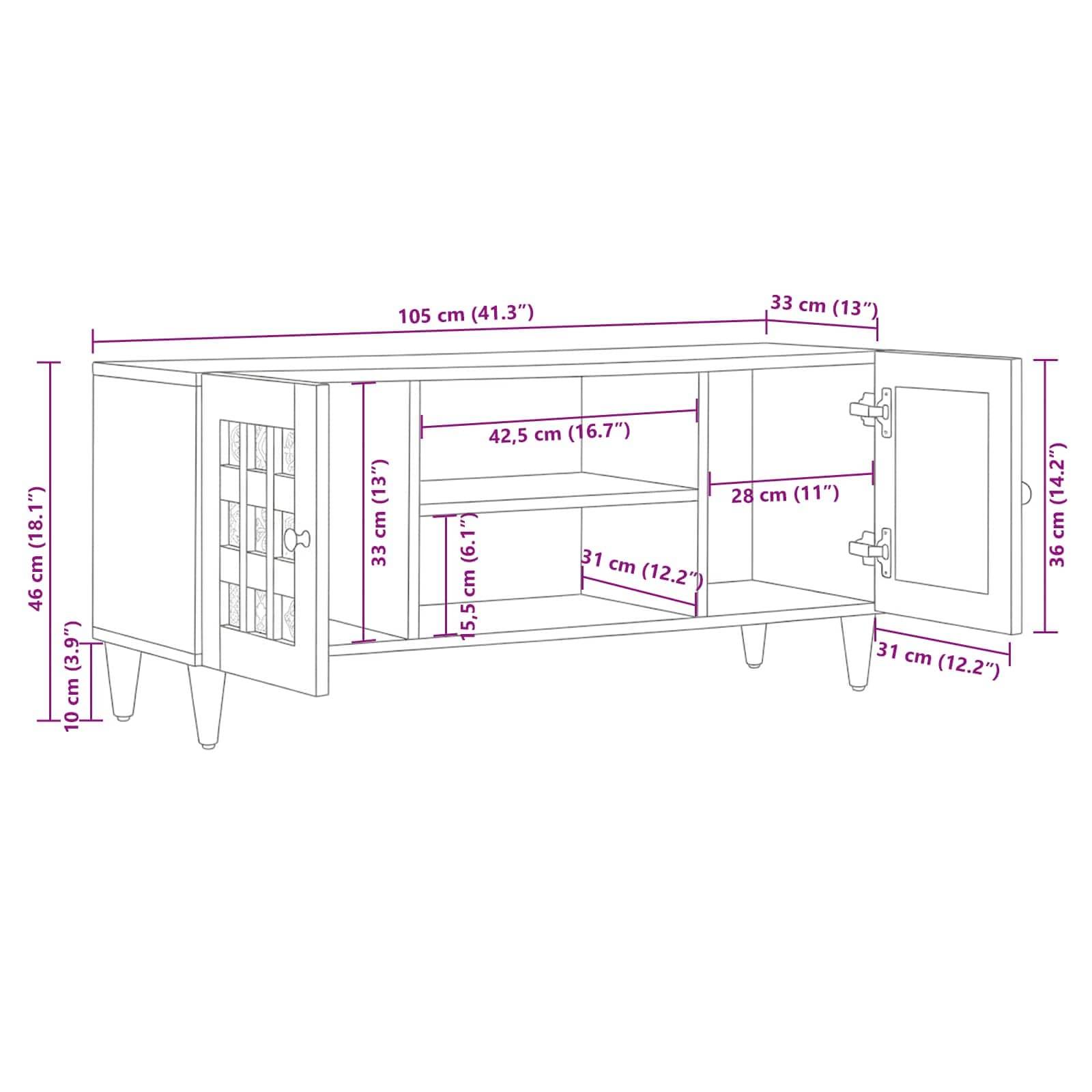 vidaXL TV-Schränk mit Regal Natur 105 x 33 x 46 cm Massivholz Mango