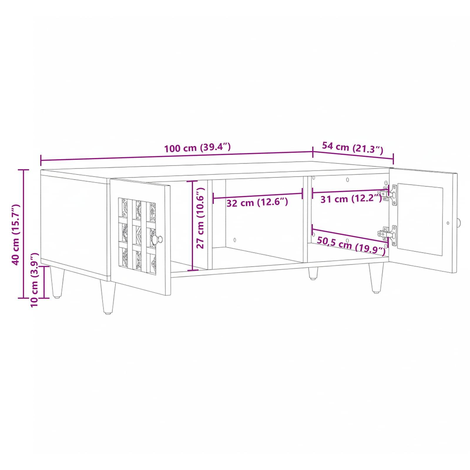 vidaXL Couchtisch Natur 100 x 54 x 40 cm Massivholz Mango