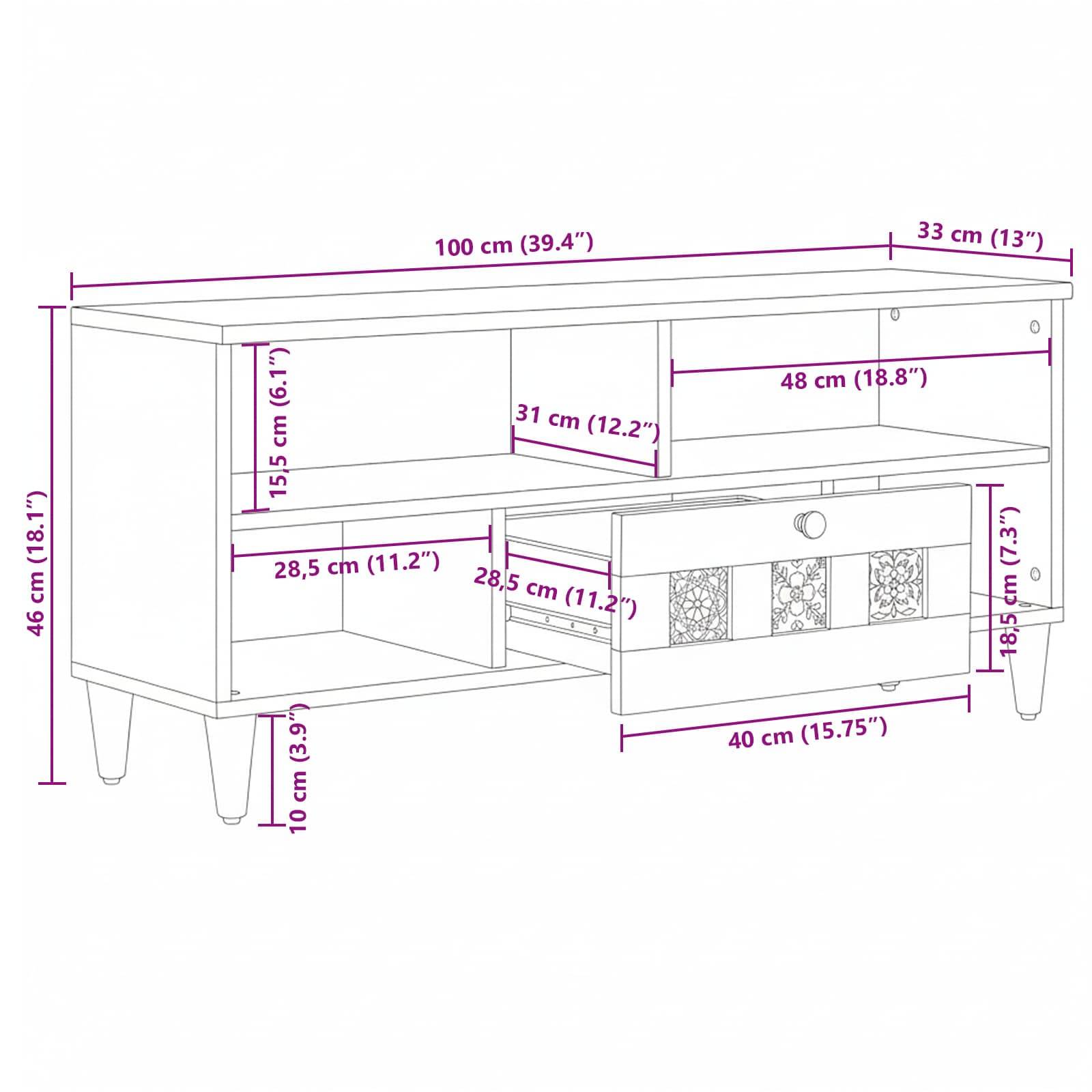 vidaXL TV-Schränk mit Regal Natur 100 x 33 x 46 cm Massivholz Mango
