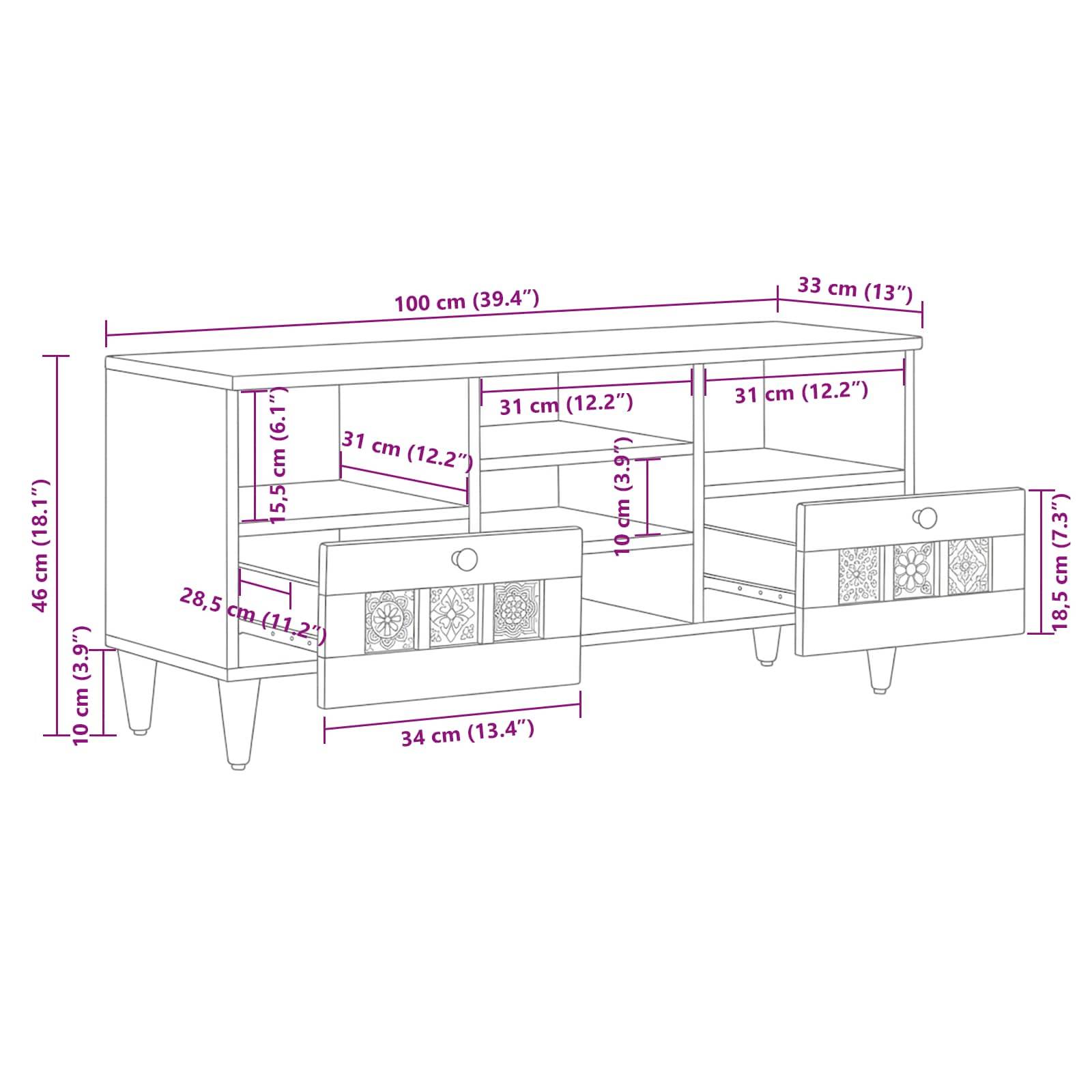 vidaXL TV-Schränk mit Regal Natur 100 x 33 x 46 cm Massivholz Mango