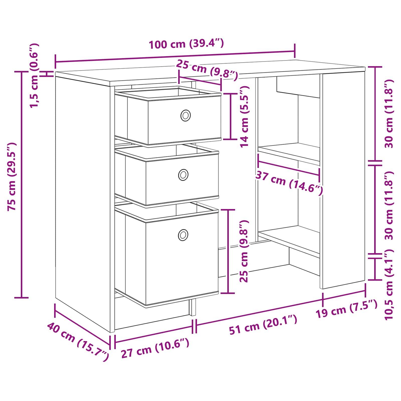 vidaXL Schreibtisch Sonoma-Eiche 100 x 40 x 75 cm Holzwerkstoff