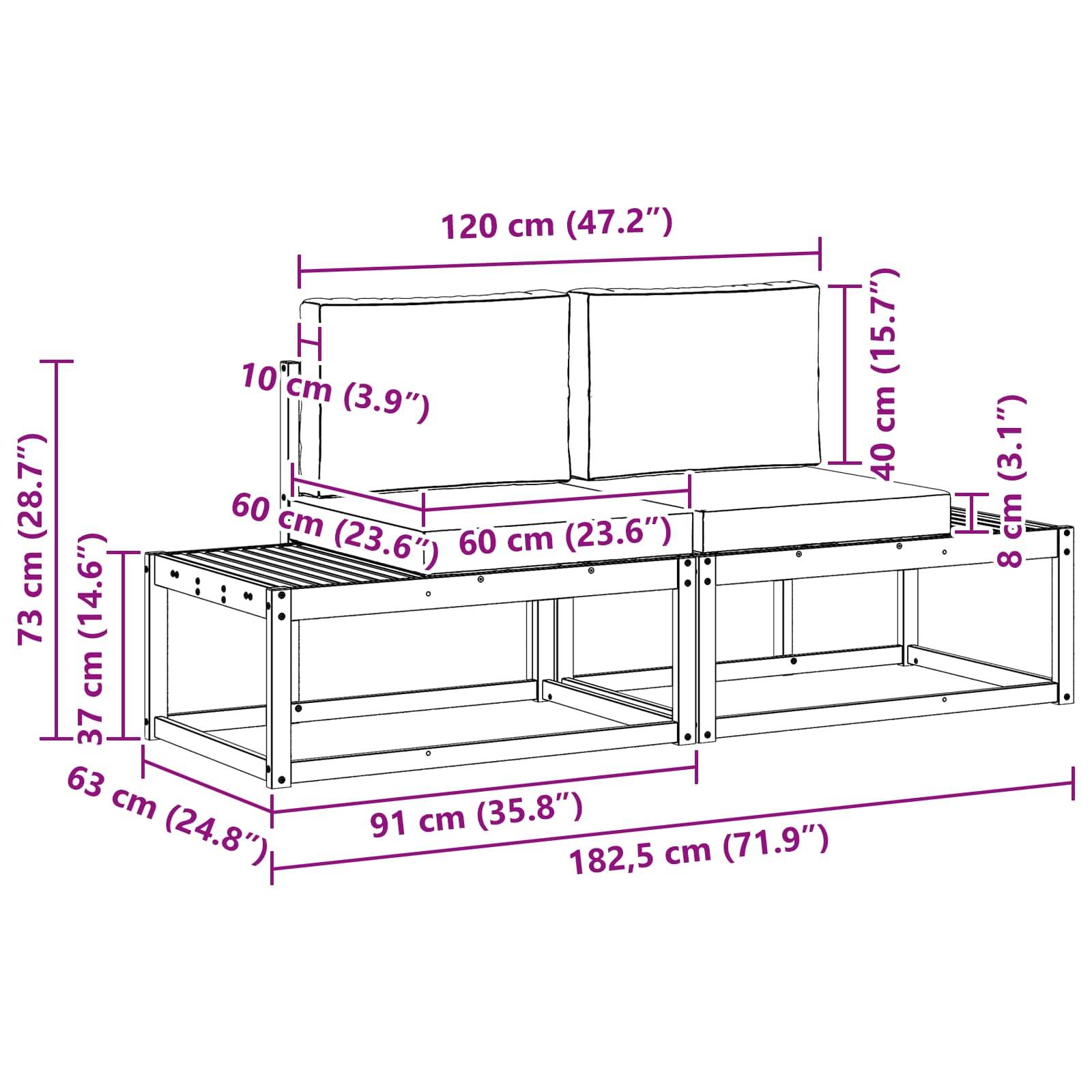 vidaXL Outdoor End Sofa 2 Stück Natur und Creme Massivholz Akazie