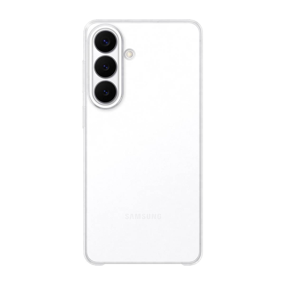 Rückseite eines weißen Samsung-Smartphones mit dreifacher Kamera im vertikalen Modul und einem Blitz daneben.