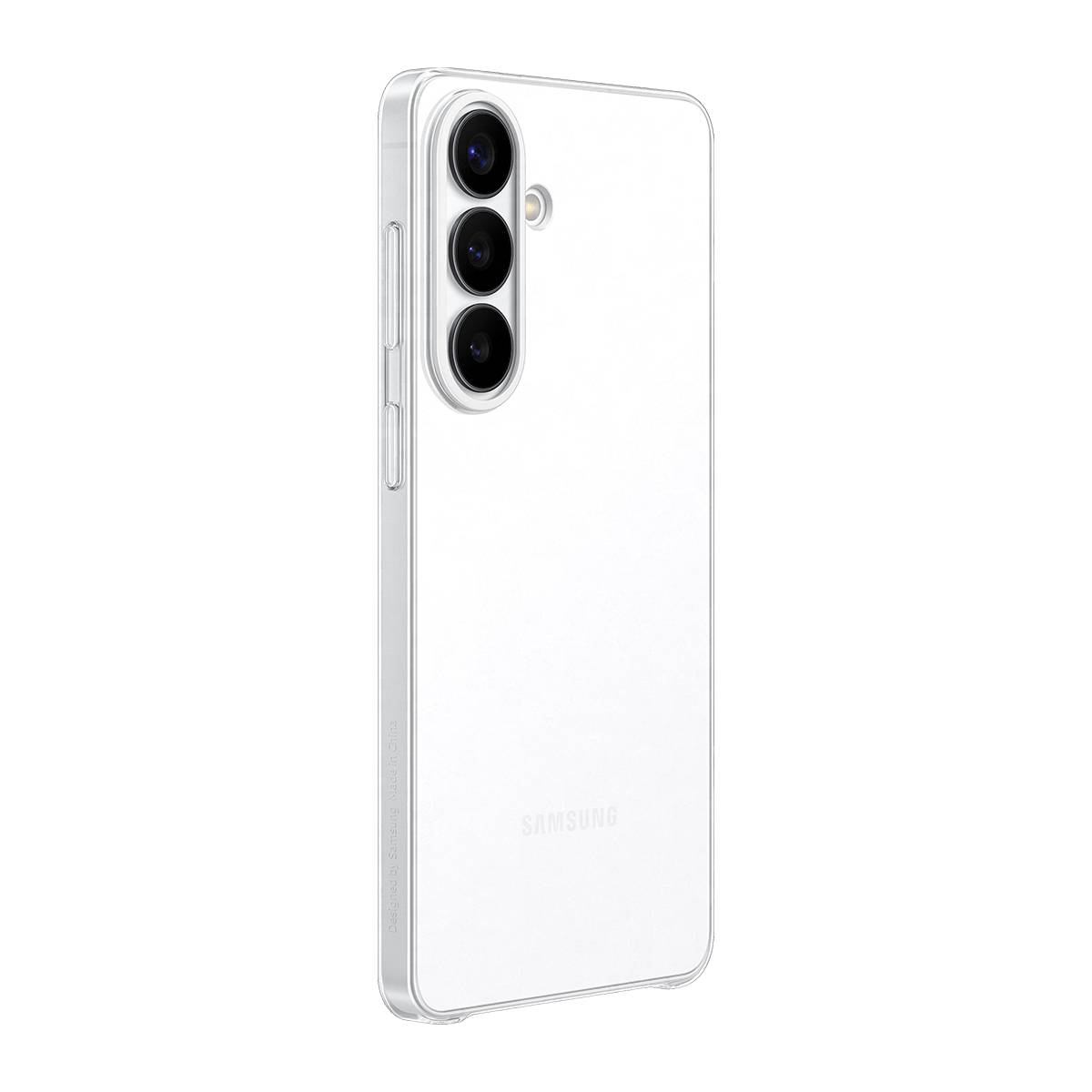 Weißes Samsung-Smartphone von hinten im Winkel fotografiert, mit drei vertikal angeordneten Rückkameras und schwarzem Hintergrund.