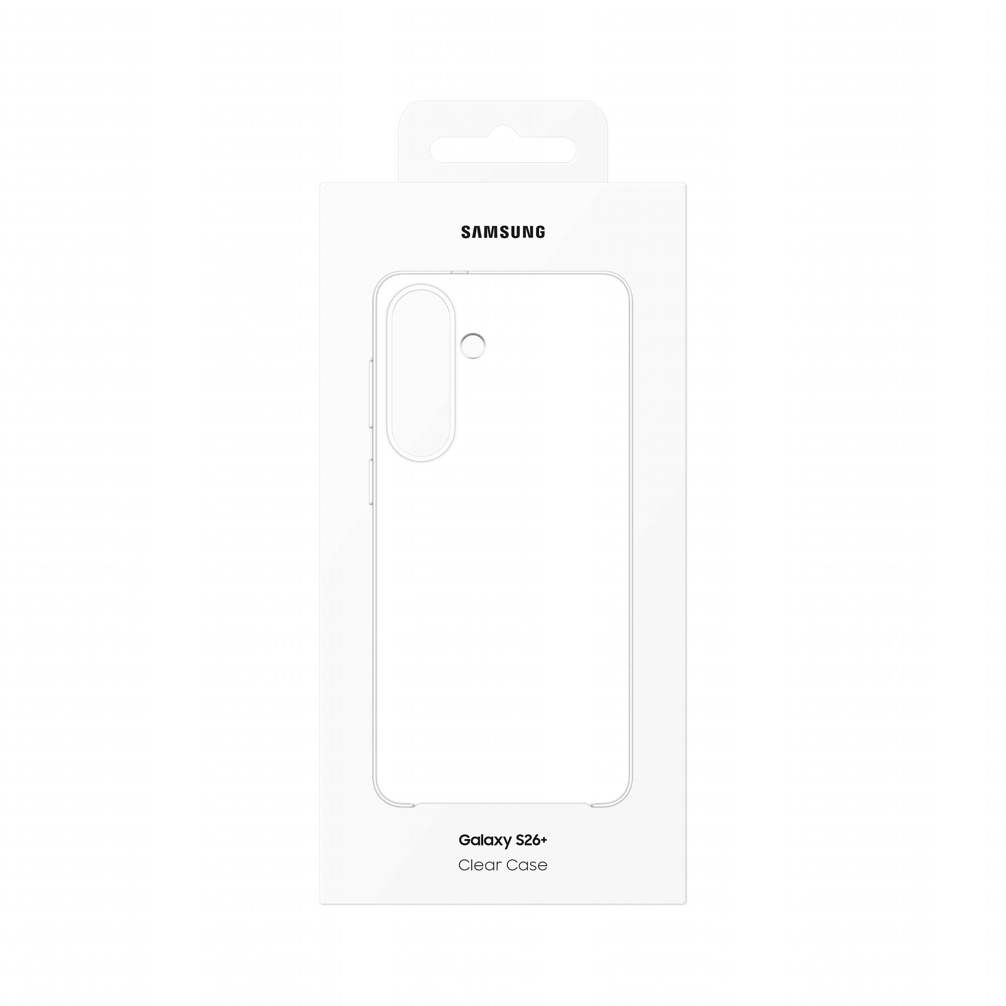 Samsung Galaxy S26+ Transparente Hülle in weißer Verpackung, die auf der Vorderseite eine transparente Handyhülle zeigt.