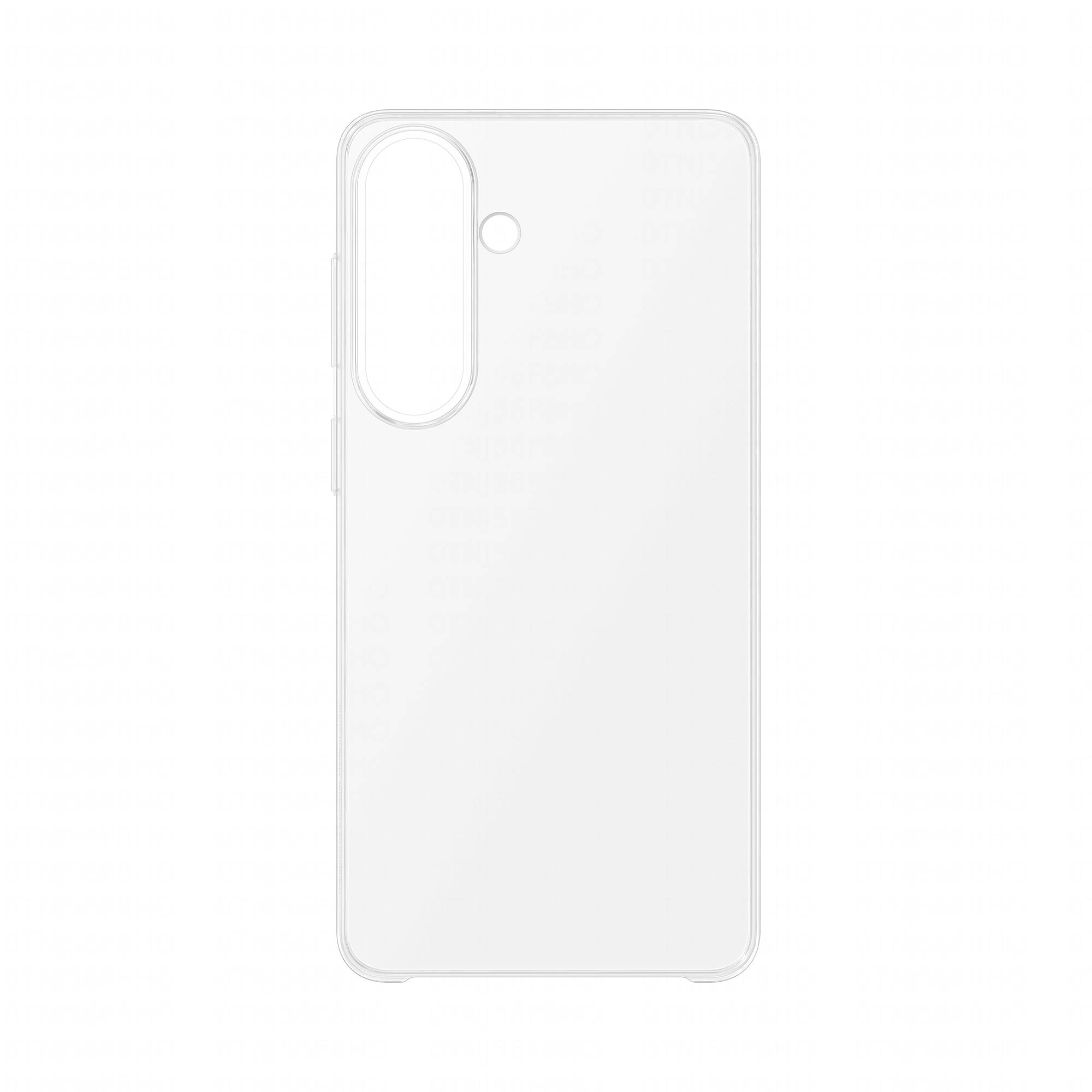 Transparente Smartphone-Hülle mit großem vertikalen Kameraausschnitt und kleinem kreisförmigem Ausschnitt, auf einfachem weißem Hintergrund dargestellt.