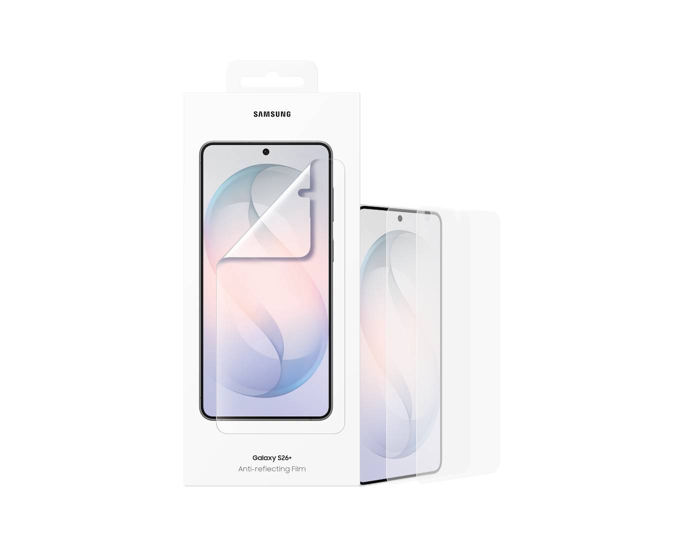 Samsung Galaxy S24+ Entspiegelungsfolie Displayschutz auf der Retail-Verpackung gezeigt, wobei der Schutz teilweise über einem Telefondisplay zurückgezogen ist.