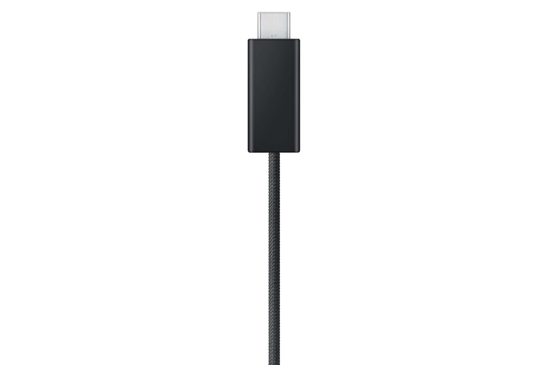 Schwarzes USB-C-Ladekabel mit metallischer Steckerspitze vor einfachem schwarzem Hintergrund.