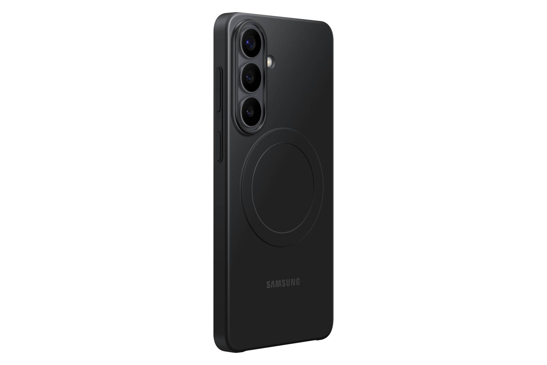 Schwarzes Samsung-Smartphone von hinten gezeigt, mit dreifacher Hintergrundkamera und großem kreisförmigem MagSafe-ähnlichem Ring auf einfachem dunklem Hintergrund.