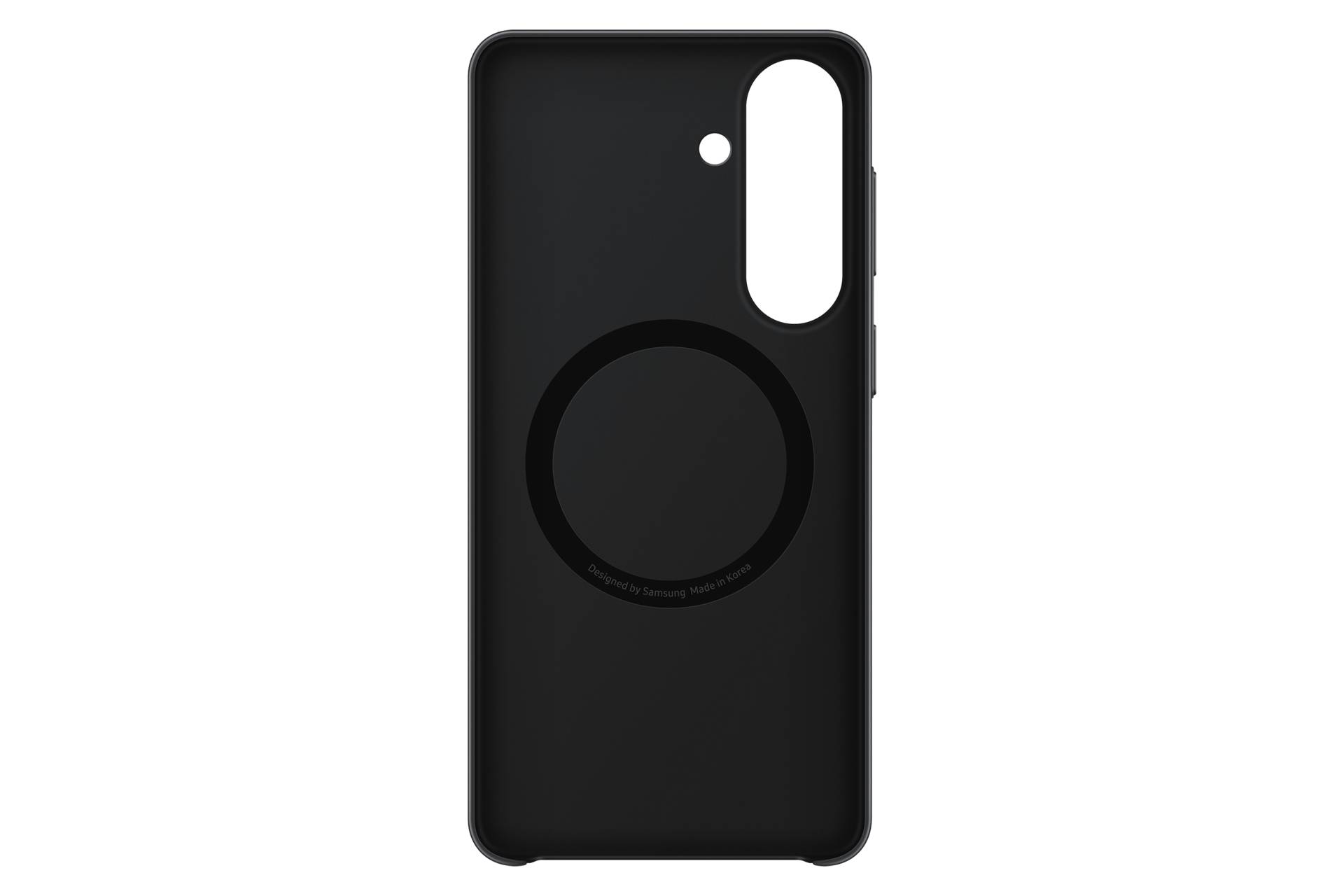 Schwarze Smartphone-Hülle mit einem runden MagSafe-Ring und Aussparungen für die Kamera und den Blitz.