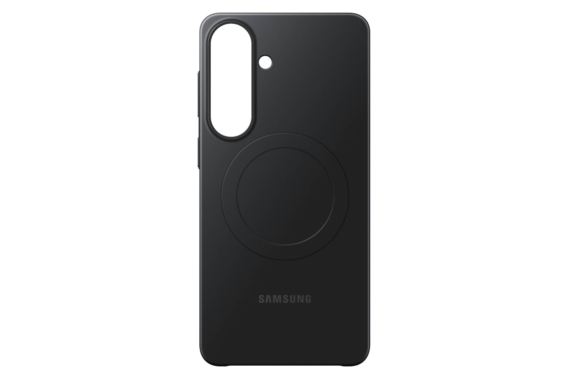 Schwarze Samsung-Handyhülle von hinten dargestellt, mit großem vertikalem Kameraausschnitt, kreisförmigem MagSafe-ähnlichem Ring und subtlem Samsung-Logo.
