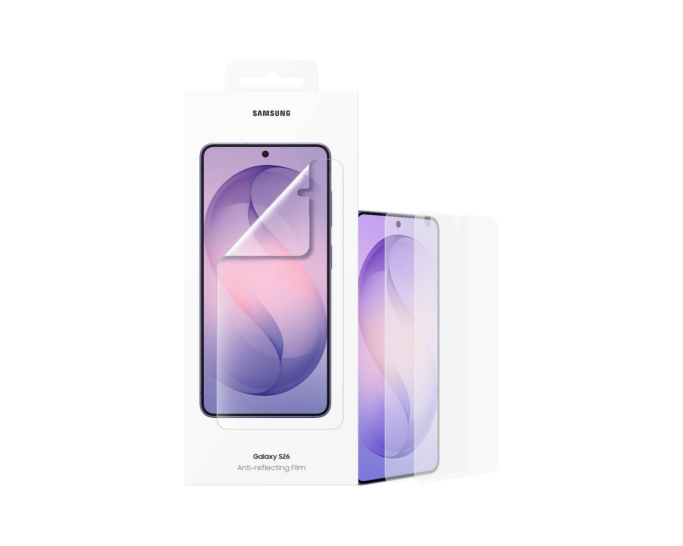 Samsung Galaxy S26 Displayschutzfolie mit Antireflexbeschichtung – Verpackung mit Telefonabbildung und angebrachter Folie, die sich an der Ecke ablöst