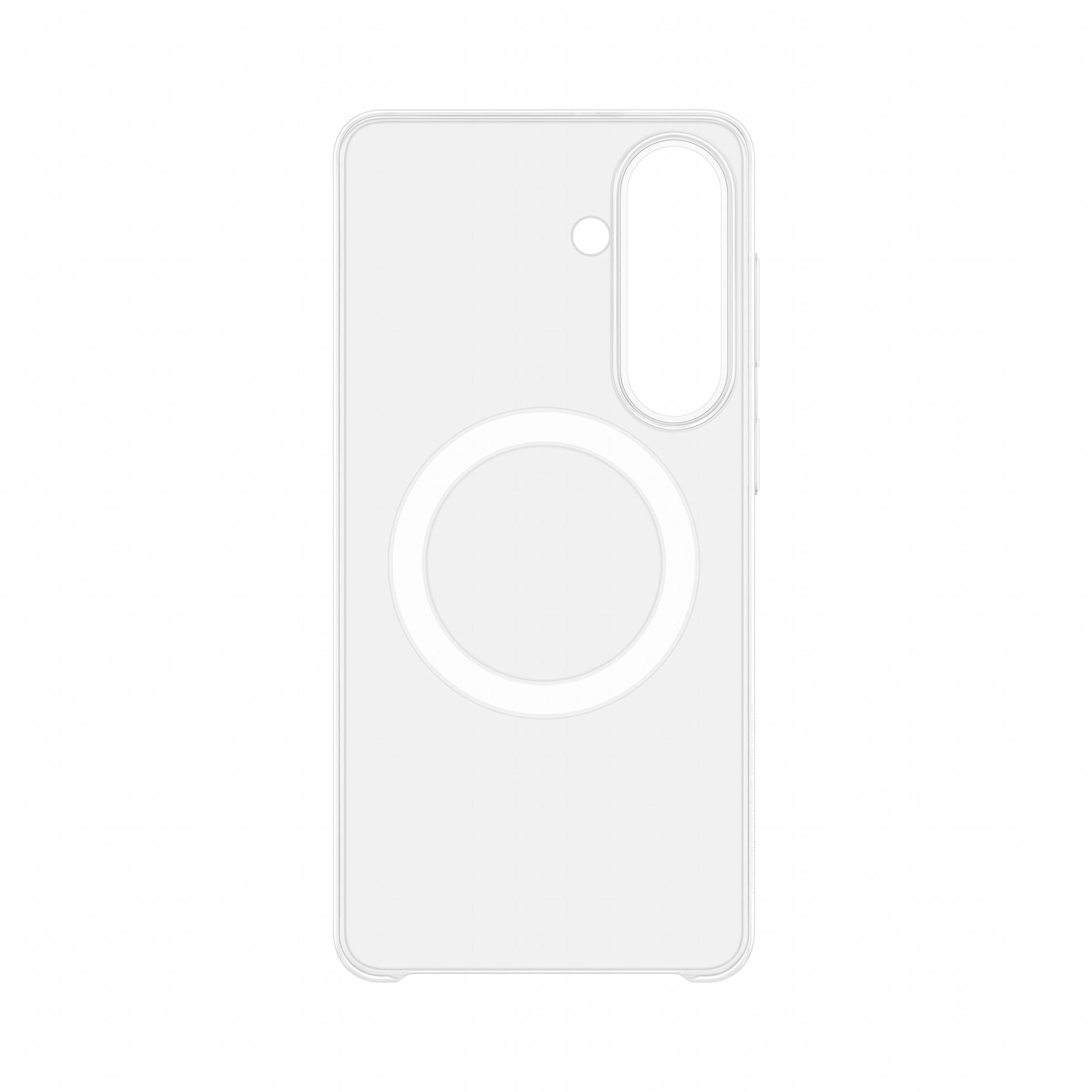 Weiße Smartphone-Hülle mit einem großen kreisförmigen MagSafe-Ring und einem vertikalen Kameraausschnitt oben rechts.