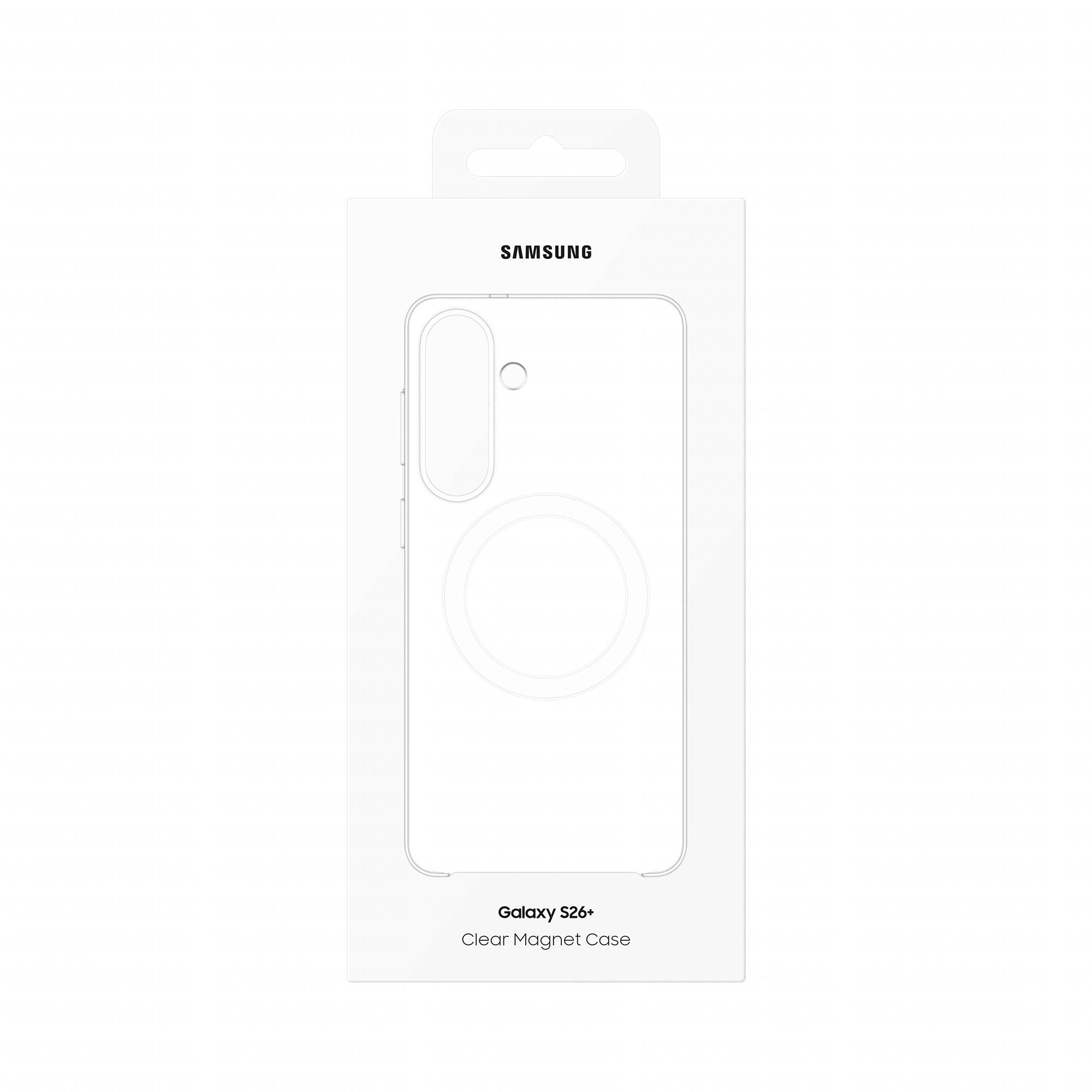Samsung Galaxy S26+ Clear Magnet Case Verpackung von vorne in Weiß dargestellt, mit sichtbarer Gehäusekontur und sichtbarem kreisförmigen Magnetring.