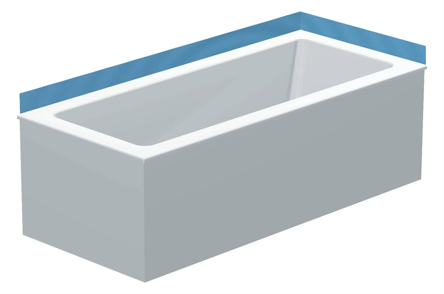 Weiße rechteckige Badewanne mit blauer oberer Kante, in 3D-Ansicht auf einfachem Hintergrund dargestellt.