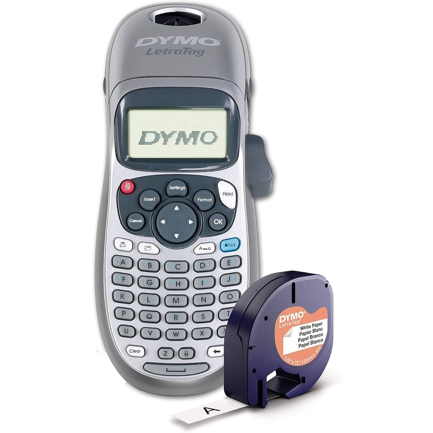 Ein grauer Dymo LetraTag-Etikettendrucker mit Bildschirm, der 