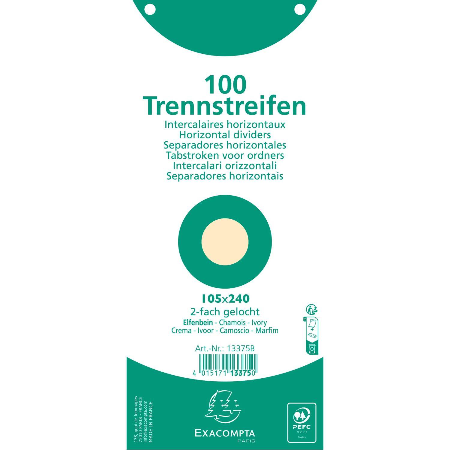 Exacompta 12x Pack 100 Trennstreifen 2-fach gelocht Karton 105x240mm Sand 13375B