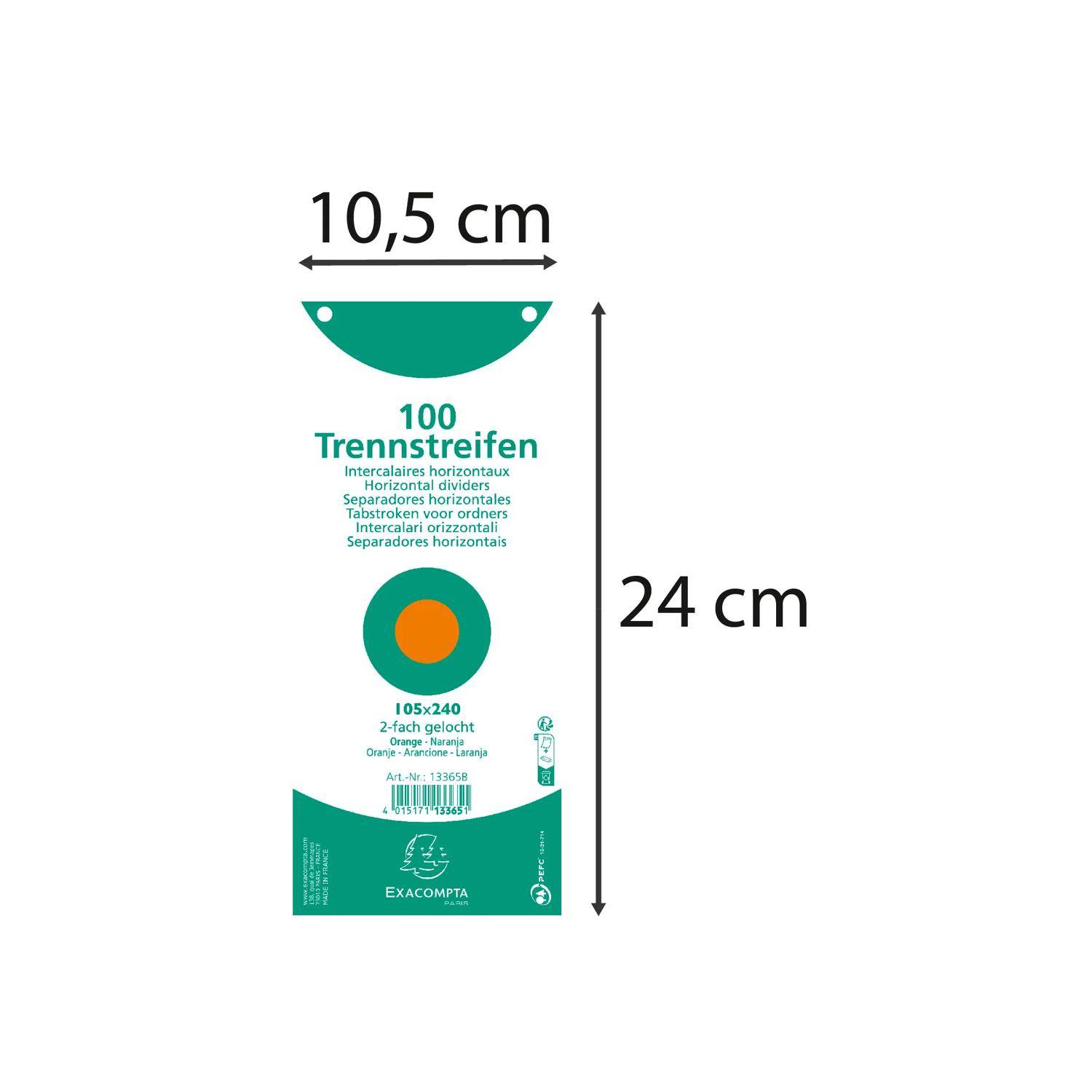 Exacompta 12x Pack 100 Trennstreifen gelocht Karton 105x240mm Orange 13365B