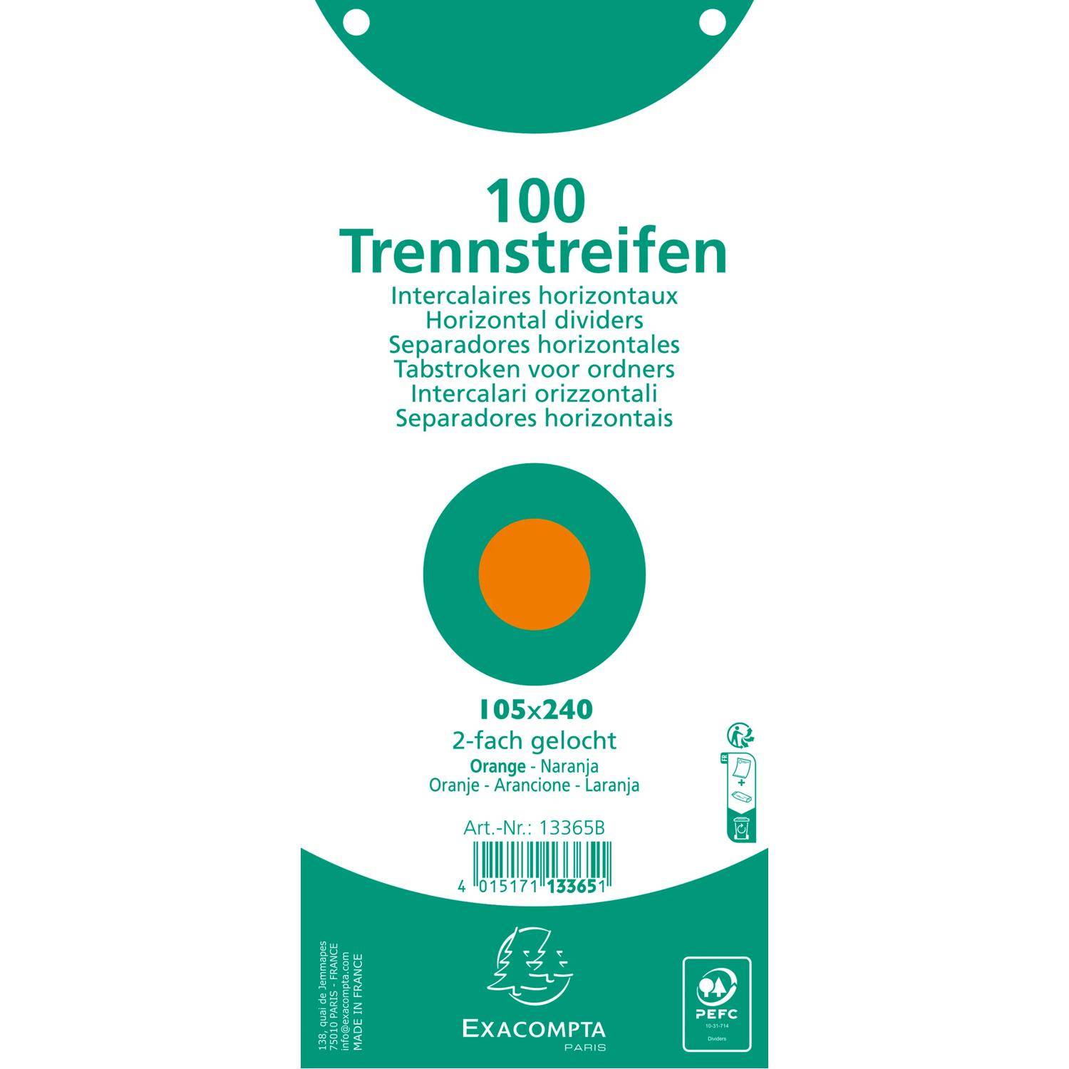 Exacompta 12x Pack 100 Trennstreifen gelocht Karton 105x240mm Orange 13365B