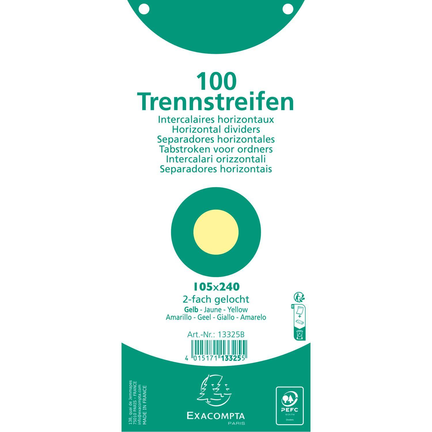 Exacompta 12x Pack 100 Trennstreifen 2-fach gelocht Karton 105x240mm Gelb 13325B
