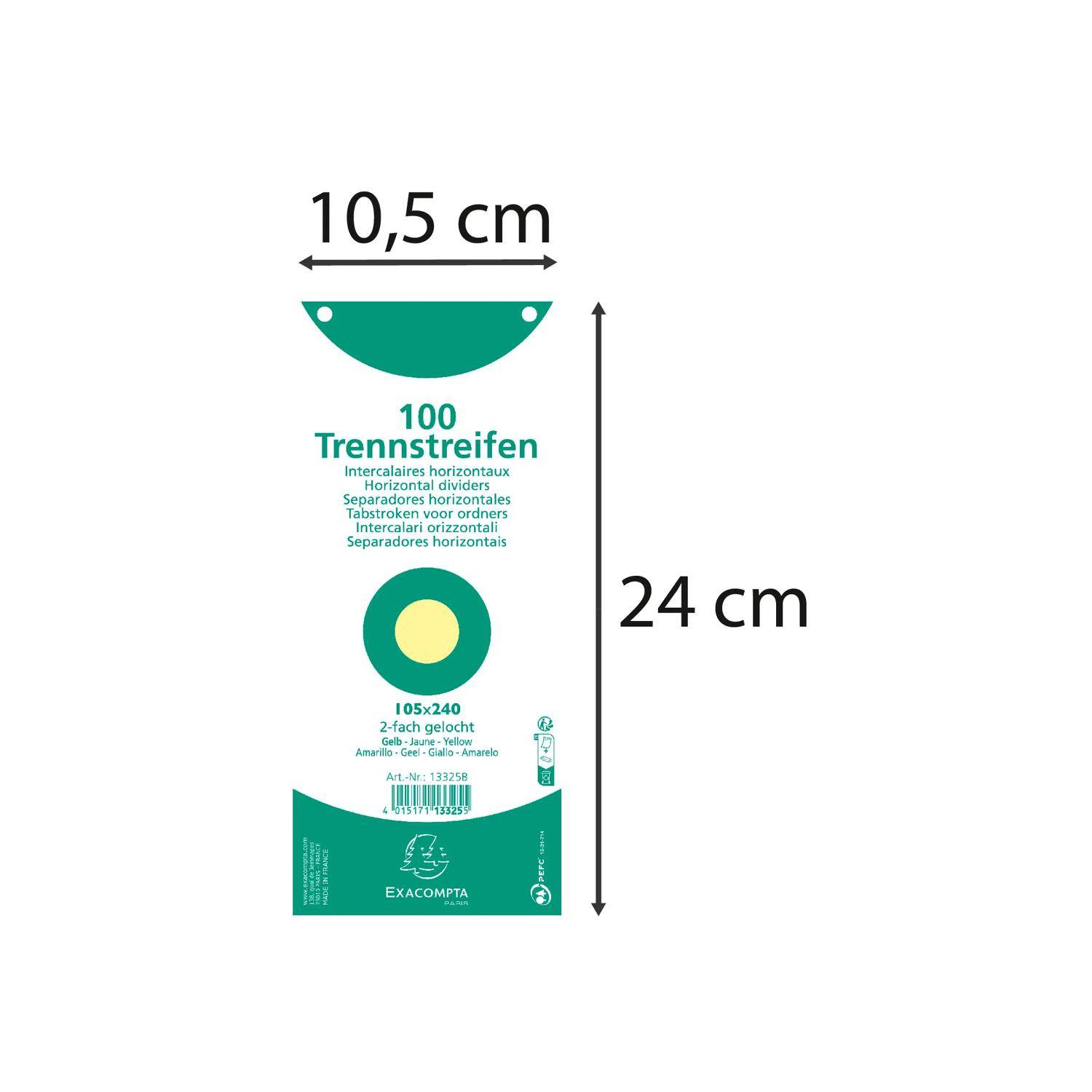 Exacompta 12x Pack 100 Trennstreifen 2-fach gelocht Karton 105x240mm Gelb 13325B