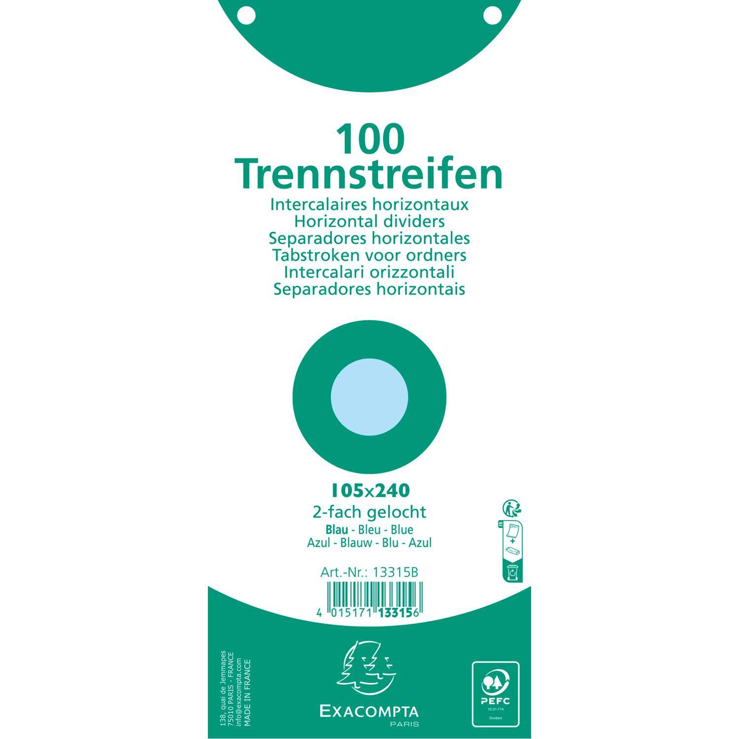 Exacompta 12x Pack 100 Trennstreifen gelocht Karton 105x240mm Hellblau 13315B