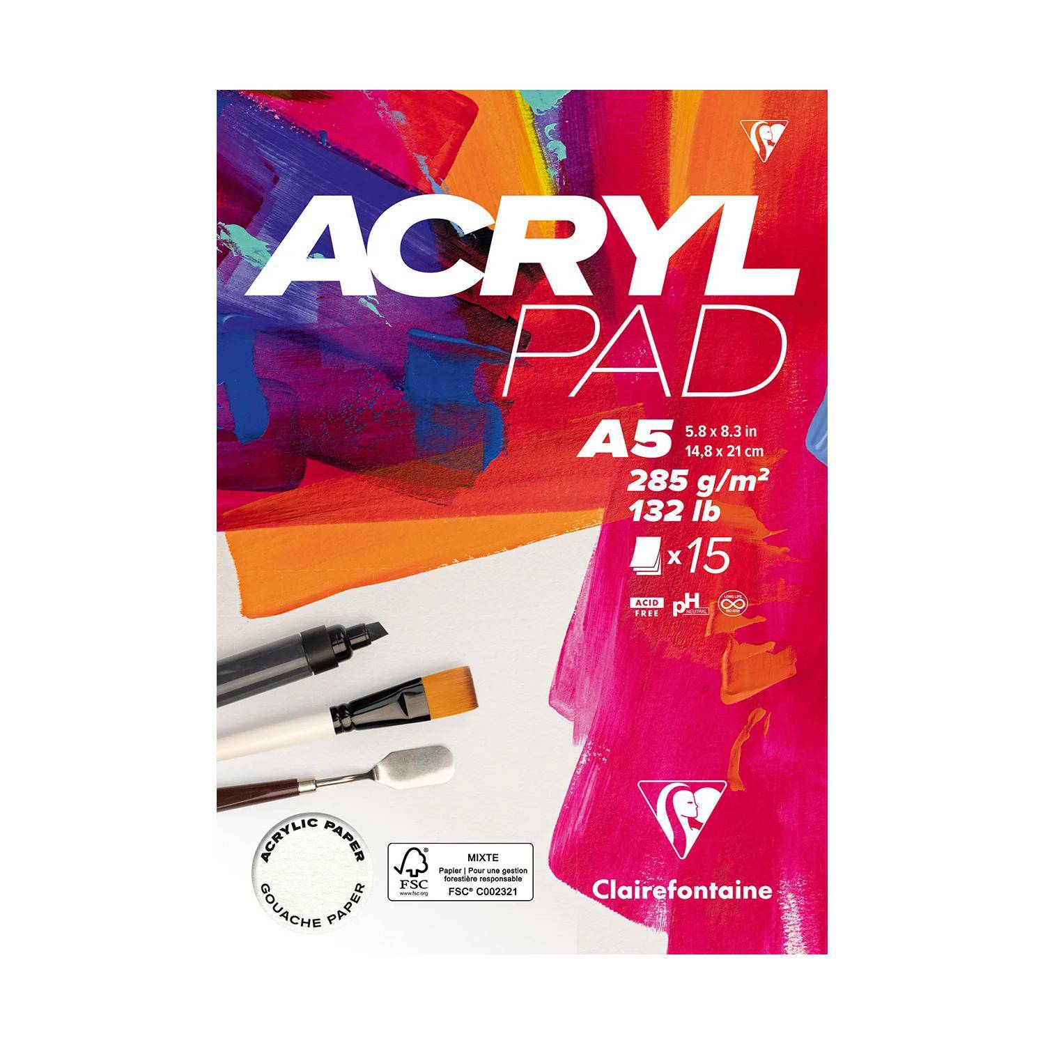 Clairefontaine 5x Acrylpad-Block 15Bl A5 285 g 96510C