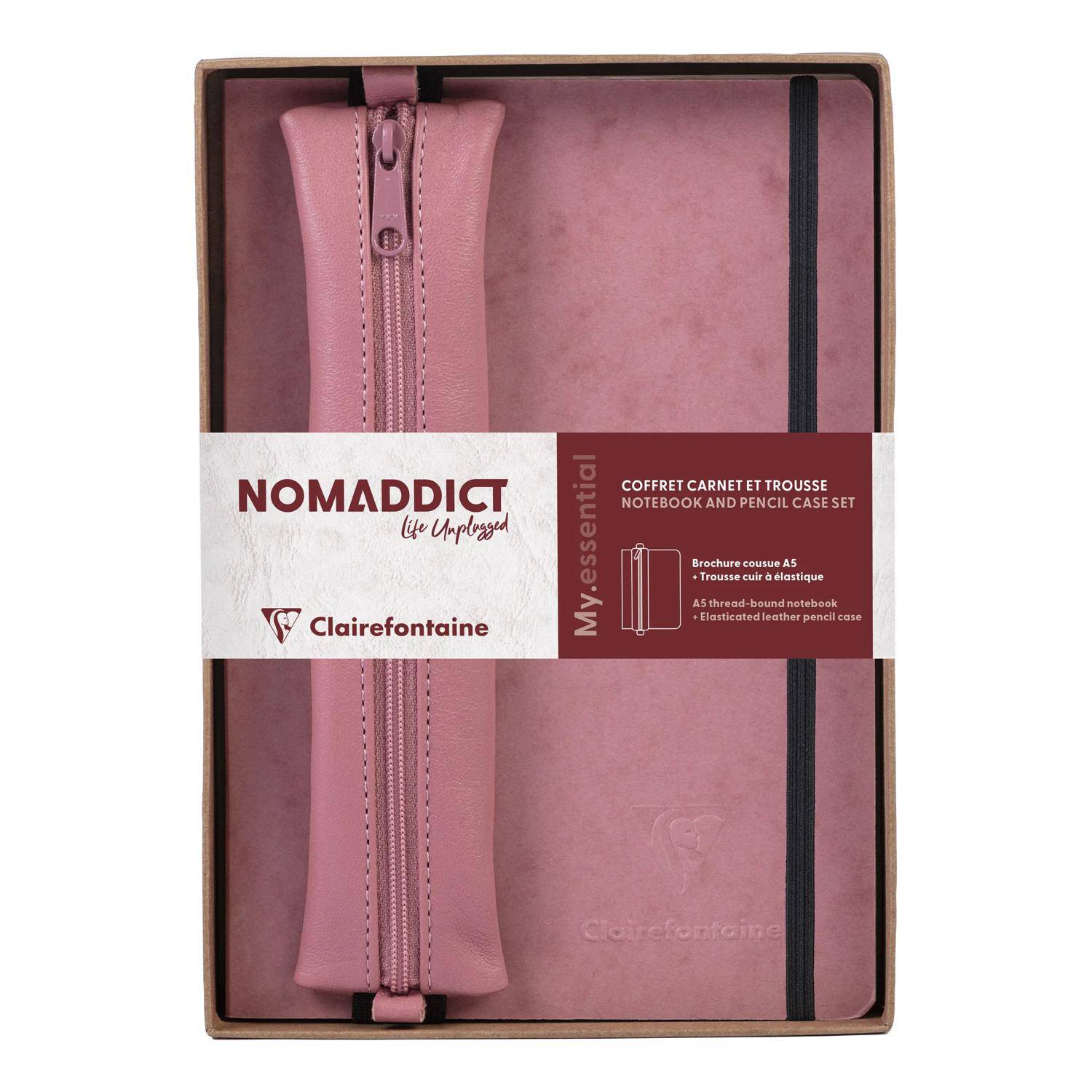 Clairefontaine Set Nomaddict, Notizbuch A5 liniert + Federmäppchen, rosa 793467C