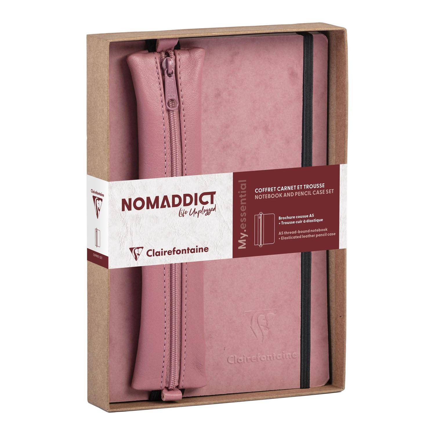 Clairefontaine Set Nomaddict, Notizbuch A5 liniert + Federmäppchen, rosa 793467C