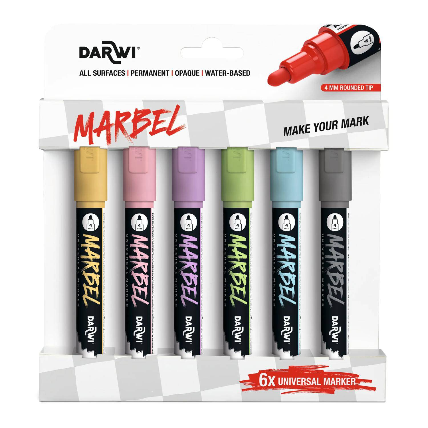 Darwi Set 6 Universalmarkern Acrylfarben, Rund 4mm, Pastellfarben DA0226004K02C